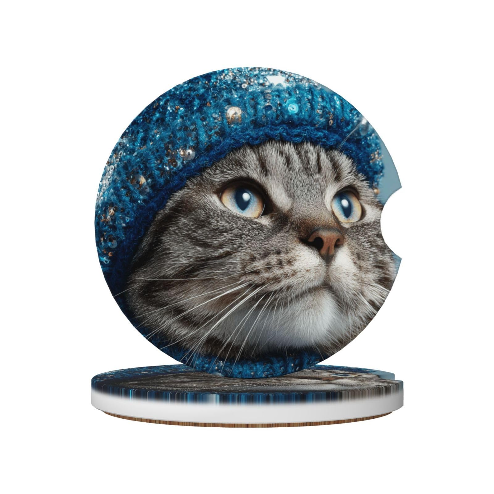 Cat Wearing A Sparkling Blue Hat Ceramic Coasters,2pcs