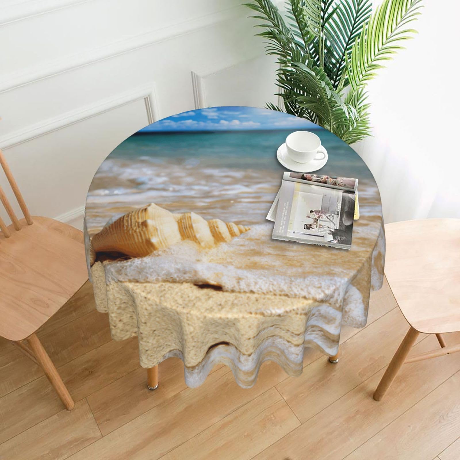 Zcmkjlg Ocean Sea Wave Seashell Print Quick Ship Round Tablecloth 60in Polyester Washable Cover for Dining Room