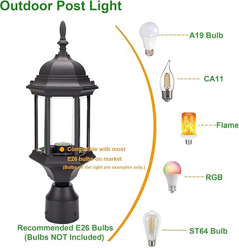 Miniatura 4 de LIT-PaTH Farol de poste de iluminación para exteriores, base mediana E26 máx. 60 W, carcasa de aluminio más vidrio, paquete de 2, acabado negro