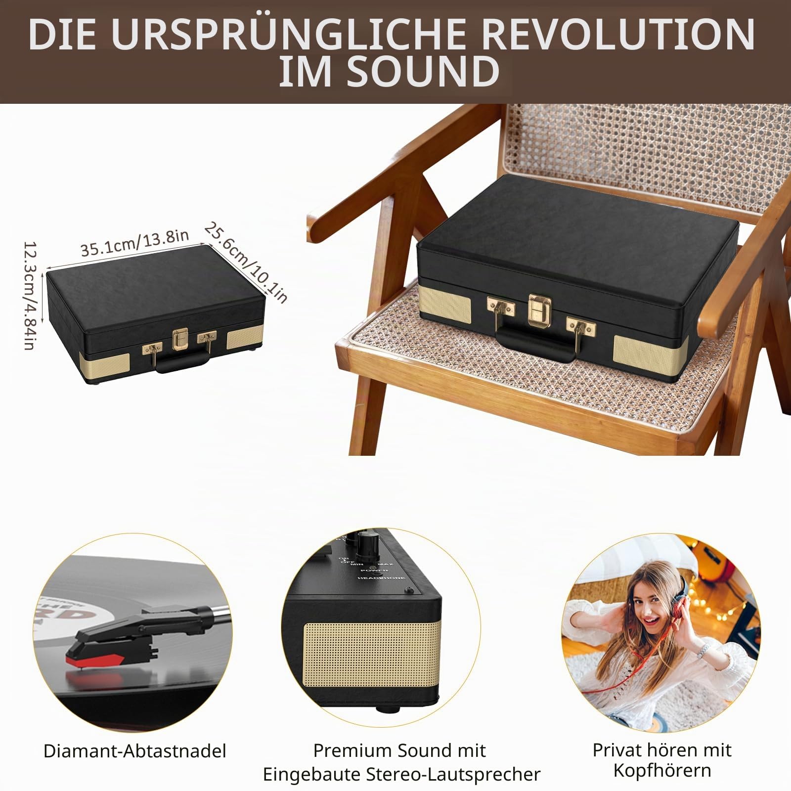 Trynnay Plattenspieler 3 Geschwindigkeiten Bluetooth Tragbarer Koffer Vinyl-Player mit eingebauten Lautsprechern Plattenspieler Verbesserter Audio-Sound PU-Leder Vintage Schwarz
