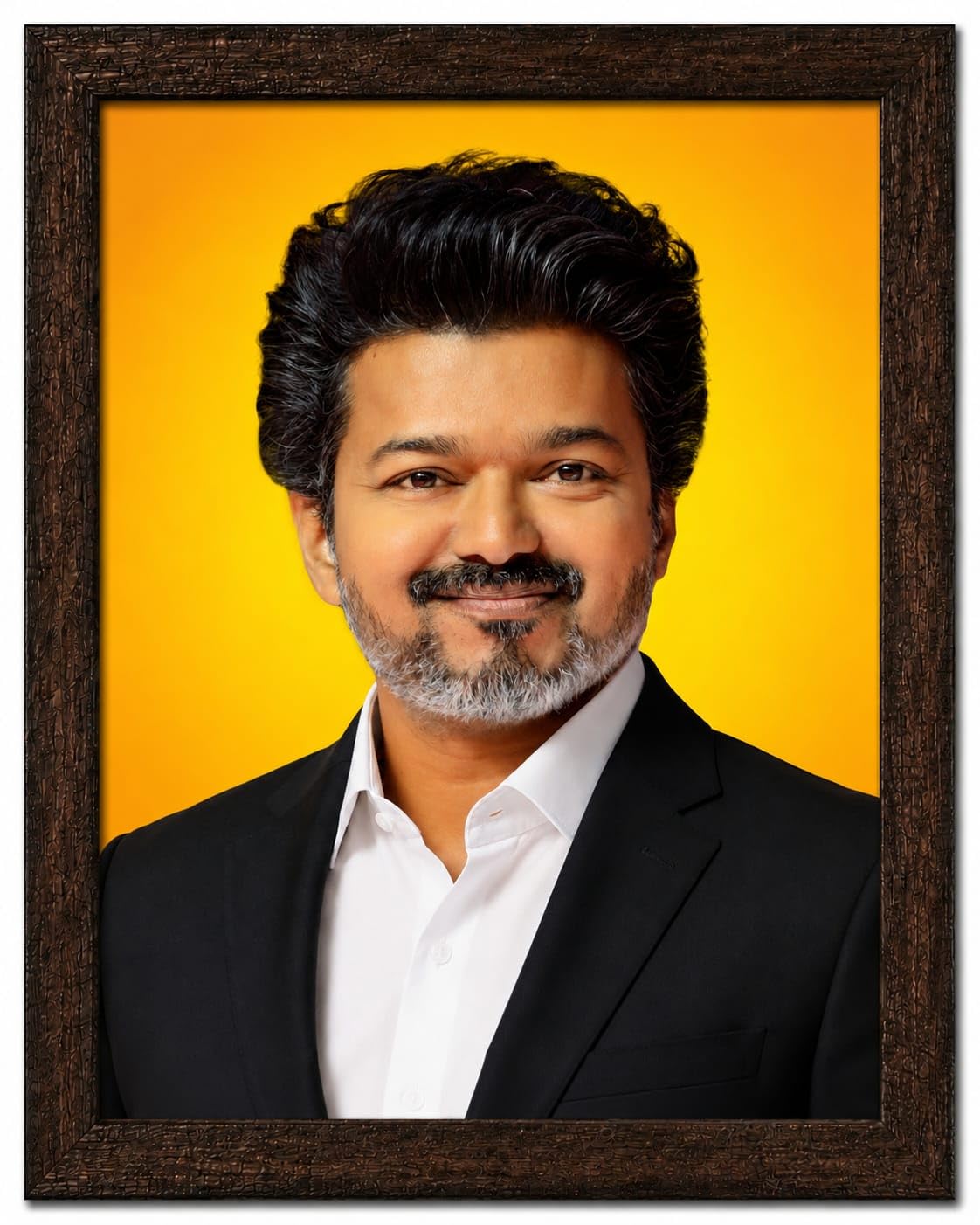CM Joseph Vijay Photo Frame, Portrait Style, Brown Wooden Frame, Yellow Background-image-39