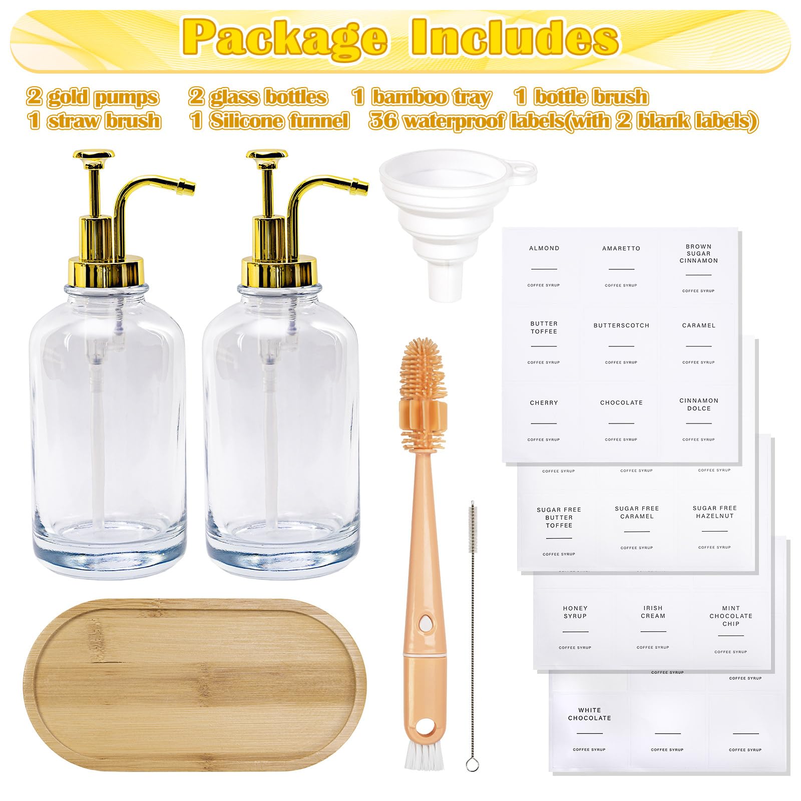 Set di dispenser per sciroppi da caffè, con pompa dorata, 2 bottiglie di sciroppo di vetro con 36 etichette e spazzola per bottiglie, imbuto, vassoio, 16,9 oz 500 ml