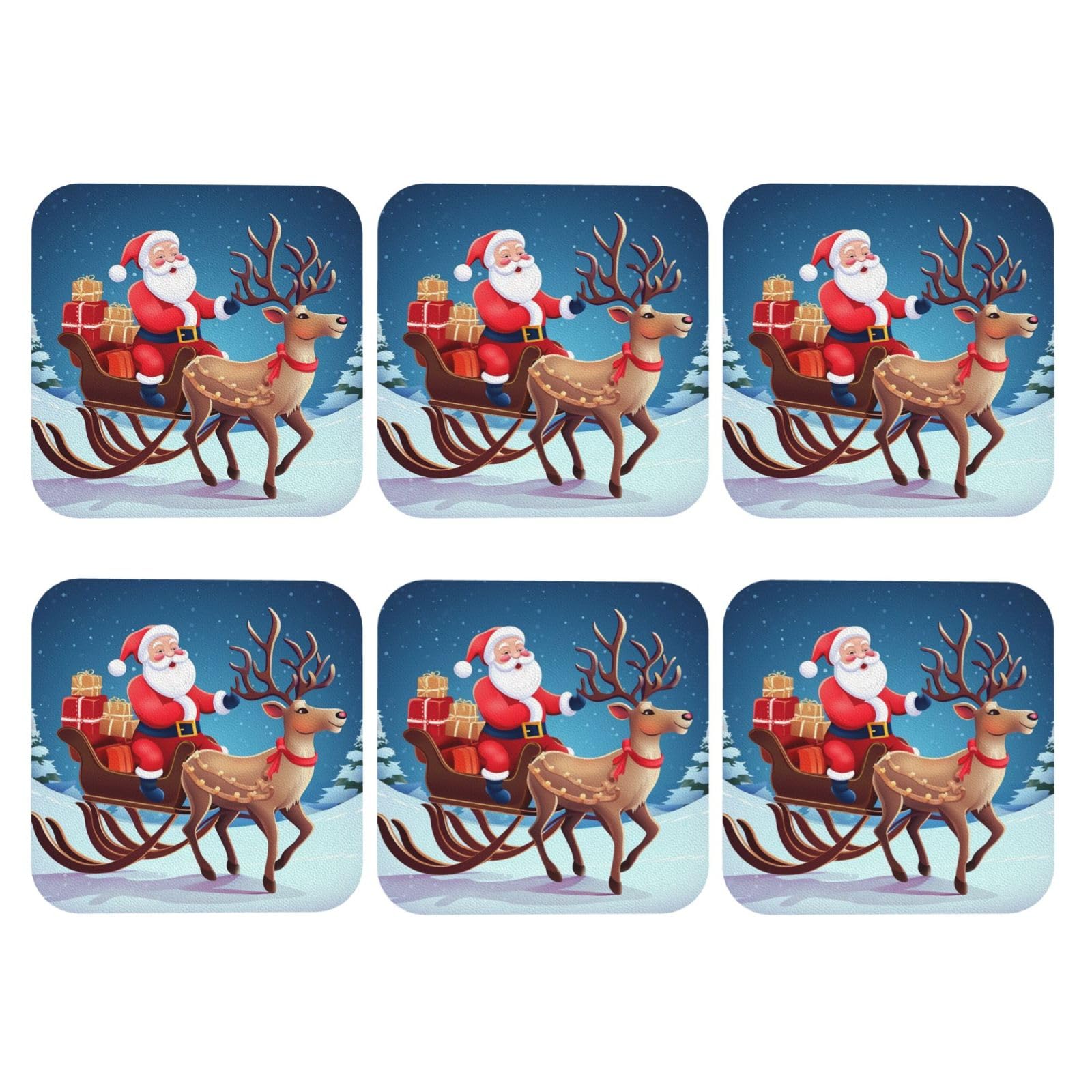 6pcs Leather Coasters for Drinks, Christmas Santa Deer Drink Coasters for Tabletop Protection, 4" Cup Coasters for Coffee Table Decor, Non-Slip Drinking Cup Mat for Hot Or Cold Drink