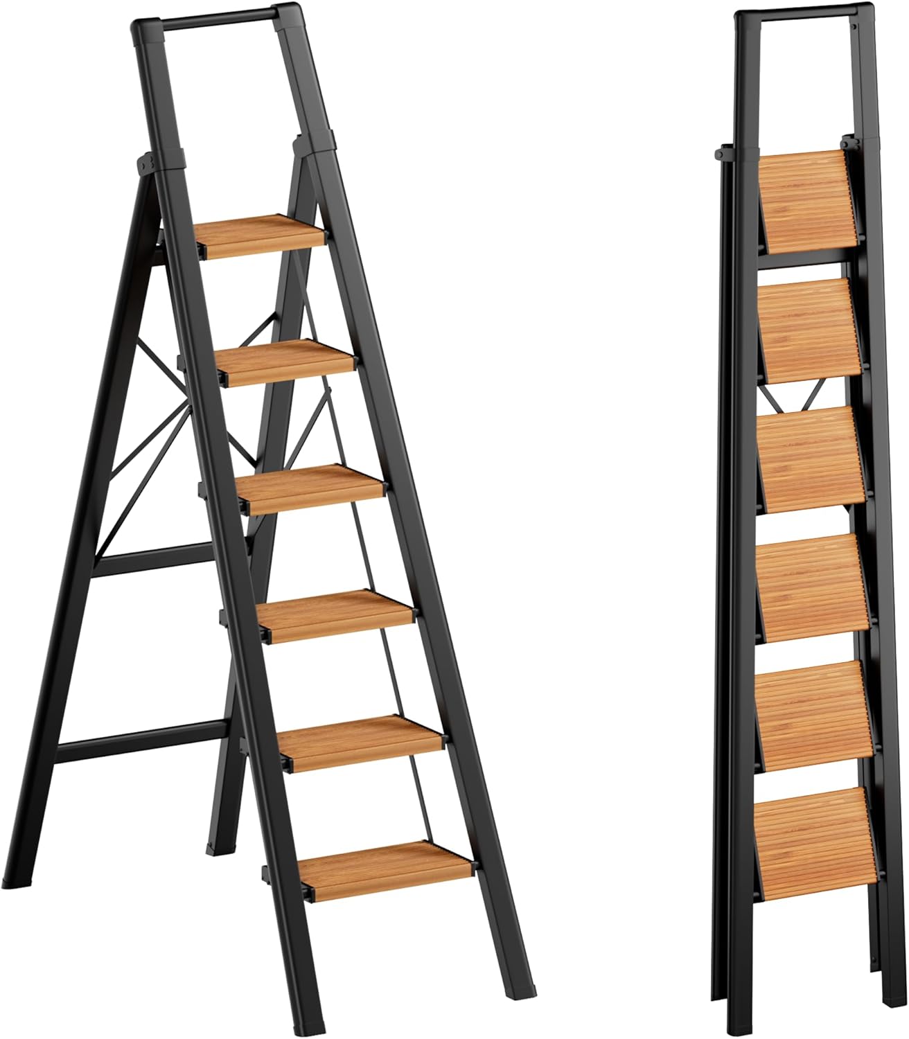 GameGem 6 Step Ladder Folding Step Stool with Anti-Slip Pedal, Portable Tall Ladder with Handrails, Multi-Use Iron Stepladder for Home and Kitchen, Black + Woodgrain, 300lbs