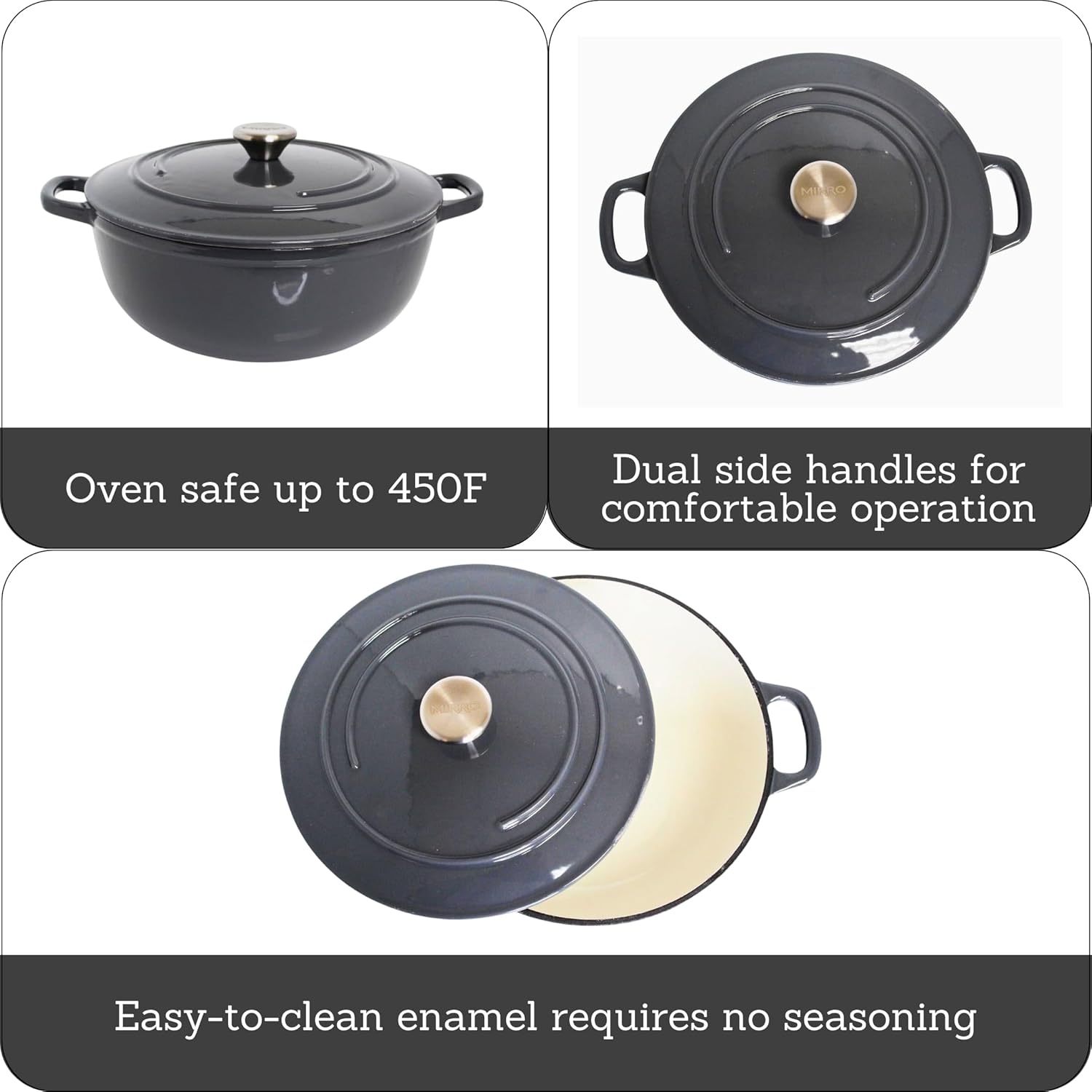 MIRRO 4.8qt Cast Iron Enamel Dutch Oven, Gray
