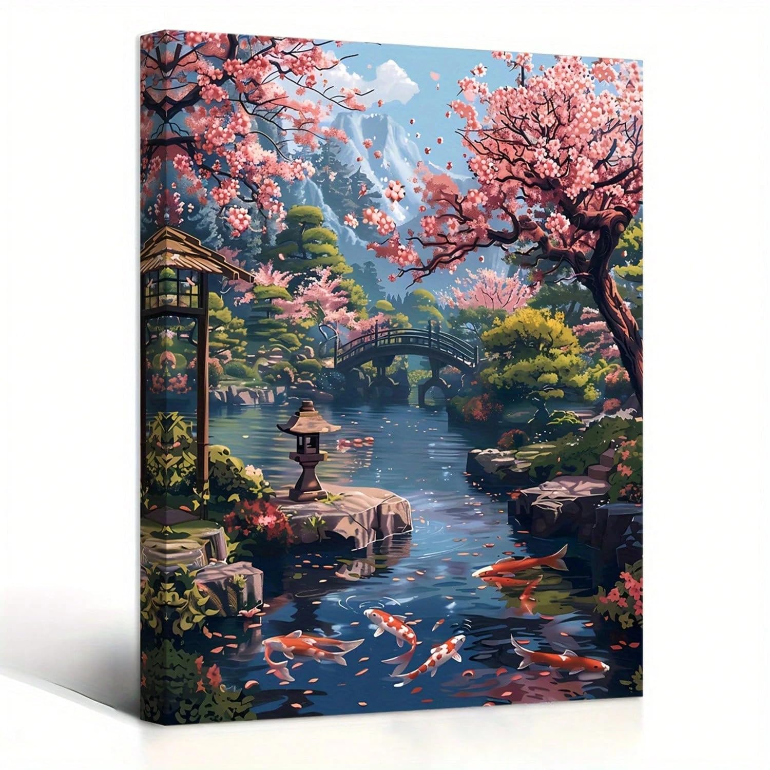 AIHNBF Serene Japanese Garden Cherry Blossom Canvas Wall Art with Koi Fish, Zen Landscape Nature Print for Home Decor