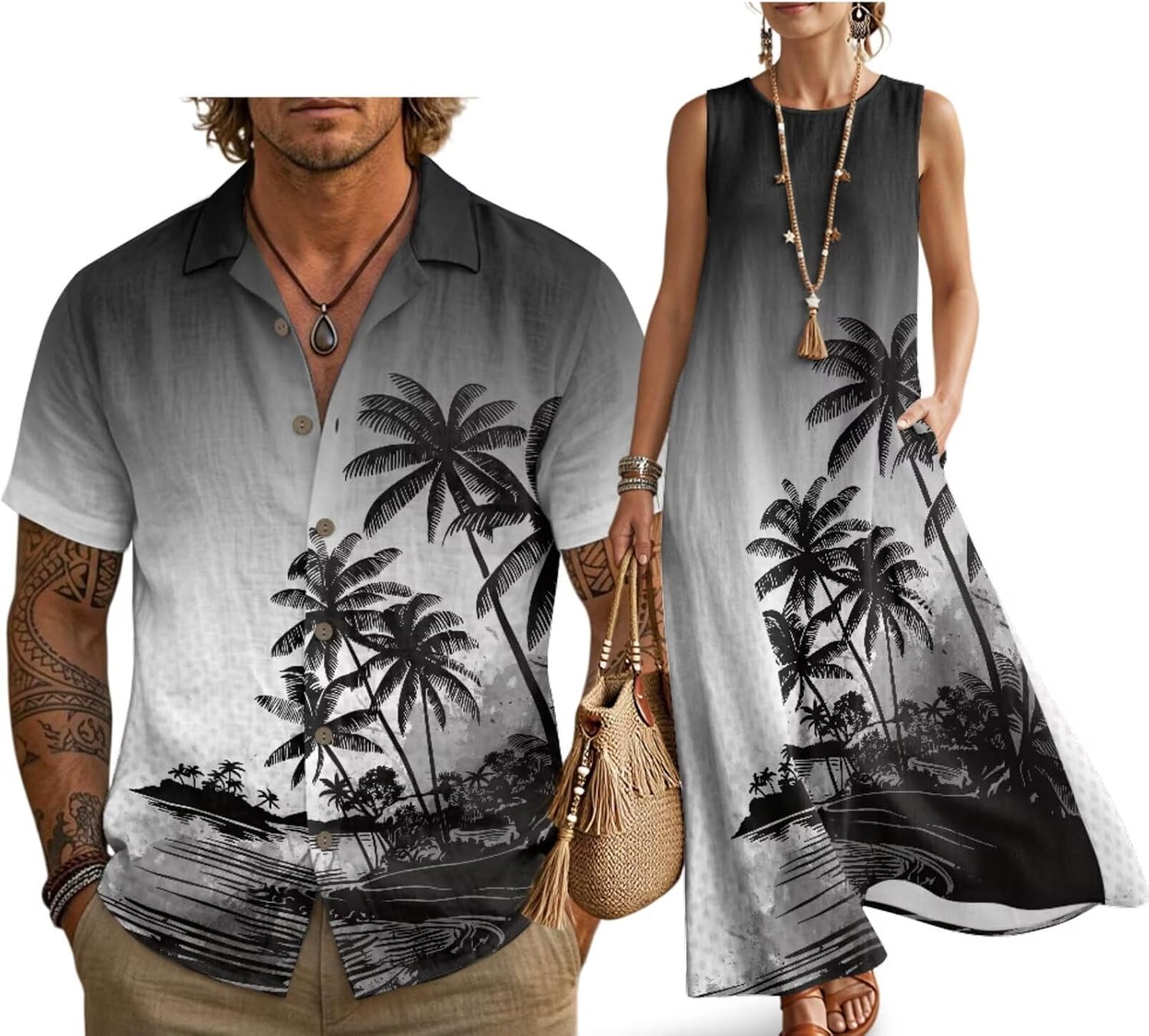 Husband and Wife Clothes Linen Casual Shirt for Men Maxi Dress for Women Summer Dress Matching Vacation Clothes