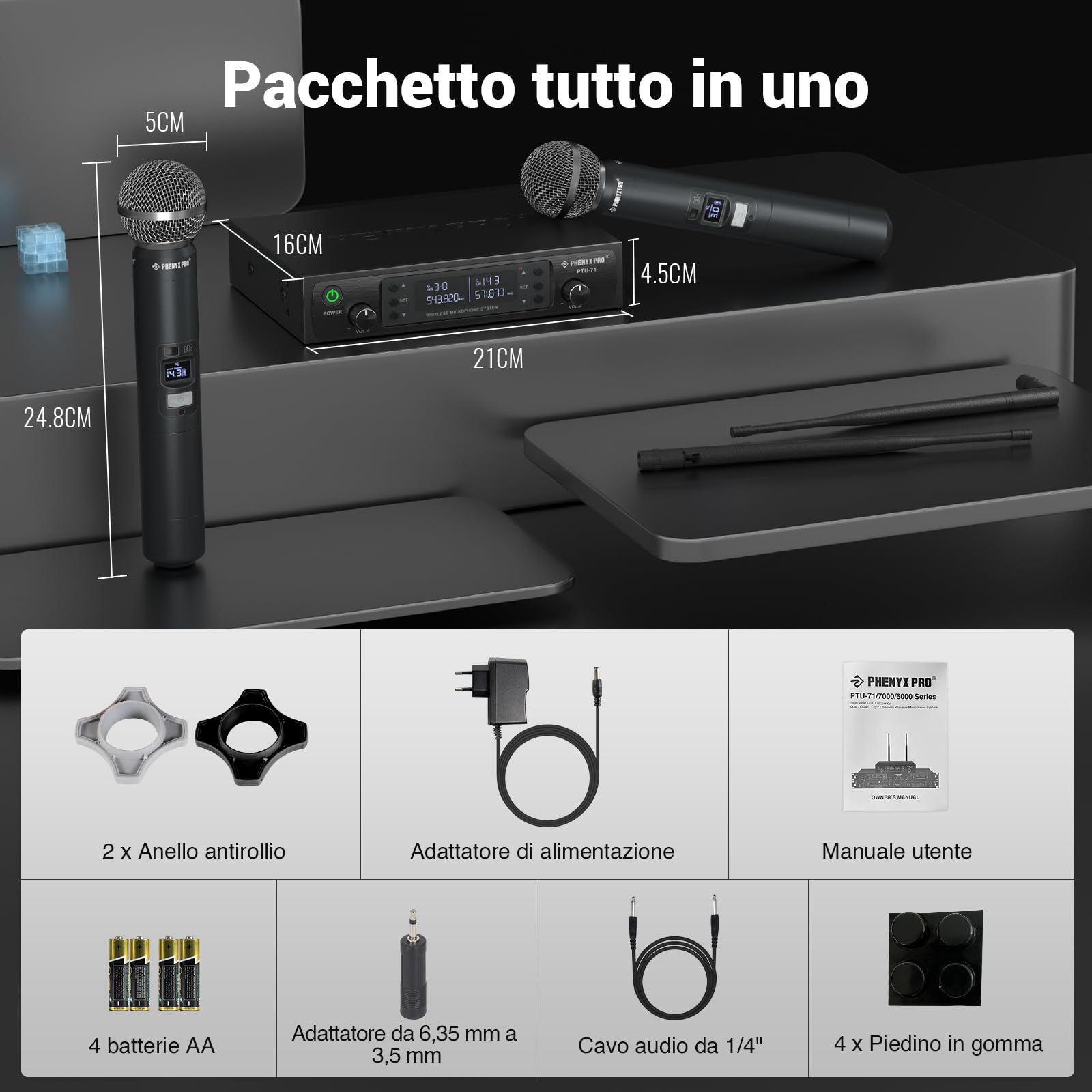 Phenyx Pro Sistema microfono wireless, doppio microfoni wireless professionali con 2 palmari, scansione automatica, 2x100 frequenze UHF, portata di 328 piedi per karaoke, canto, chiesa (PTU-71-2H)