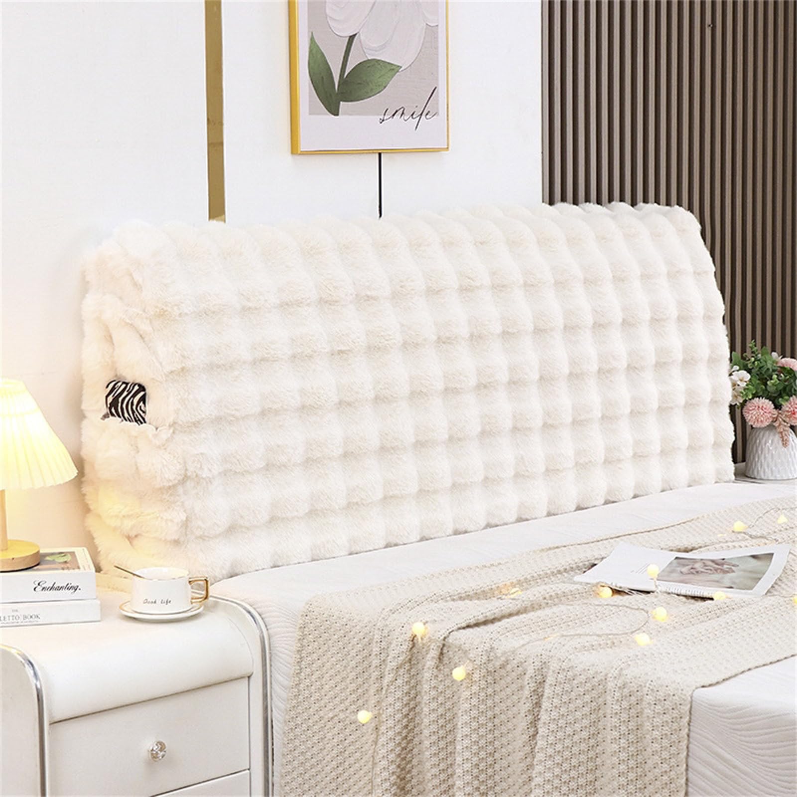 Chickwin Bett Kopfteil Bezug Plüsch mit Taschen, Weicher Stretch Bed Headboard Cover, Waschbar Abnehmbar Bettkopfteil Hussen, Staubdicht Bett Kopfteil Abdeckung für Schlafzimmer (180cm,Beige)