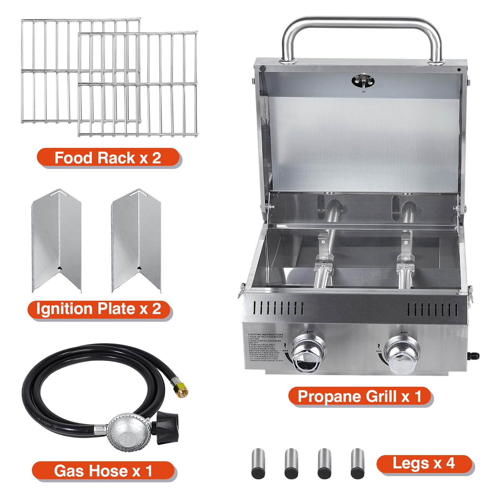 Llamaviva - Parrilla de gas de mesa de 2 quemadores, parrilla de propano portátil de acero inoxidable de 20,000 BTU con patas para portón trasero, patio al aire libre, campamento y viajes de caravana