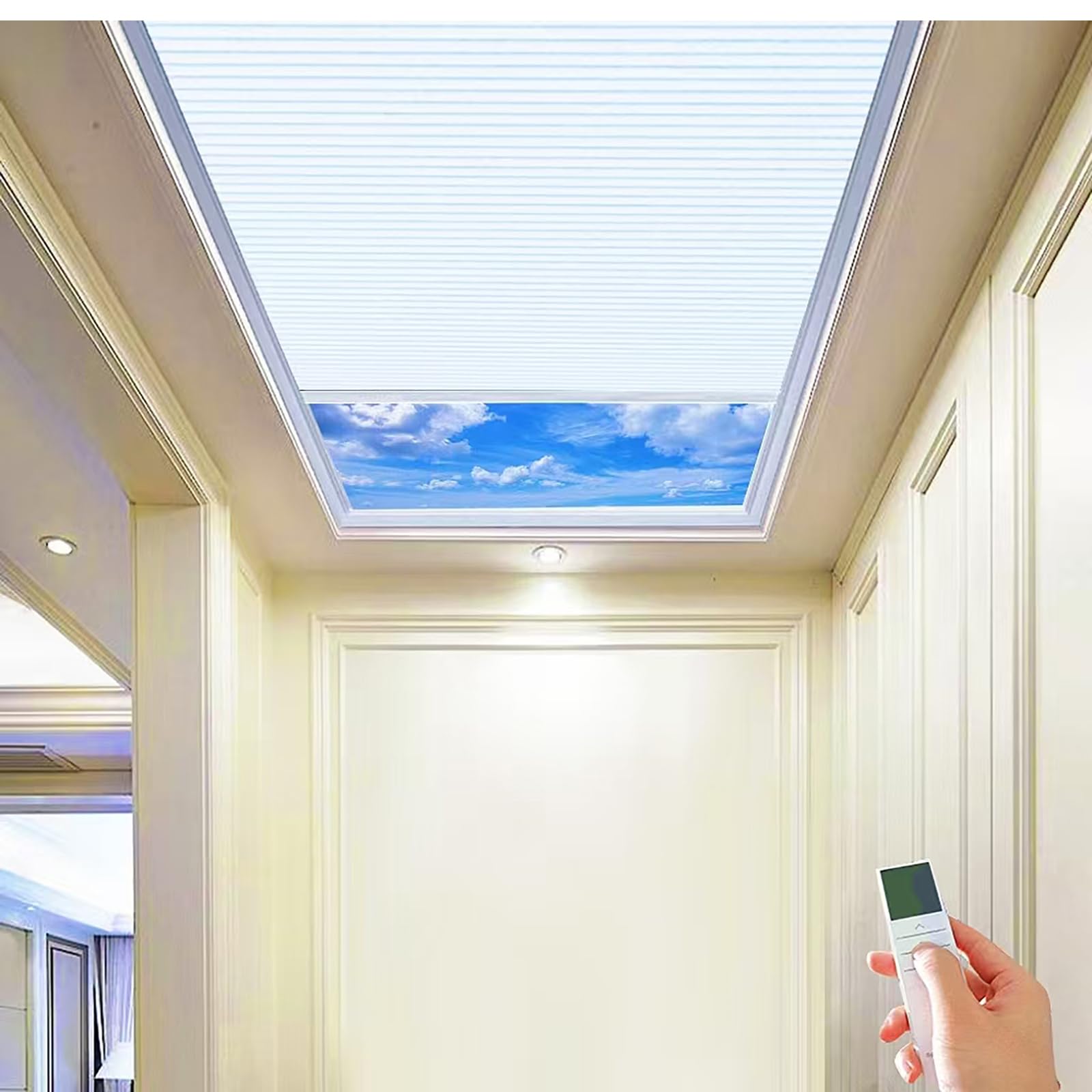 TIPIACE New Upgrade Rechargeable Motorized Skylight Blinds Full Blackout Fabric Cellular Honeycomb Shades Suitable for Roof Inclined Plane Room Windows (Pure White 93021A)