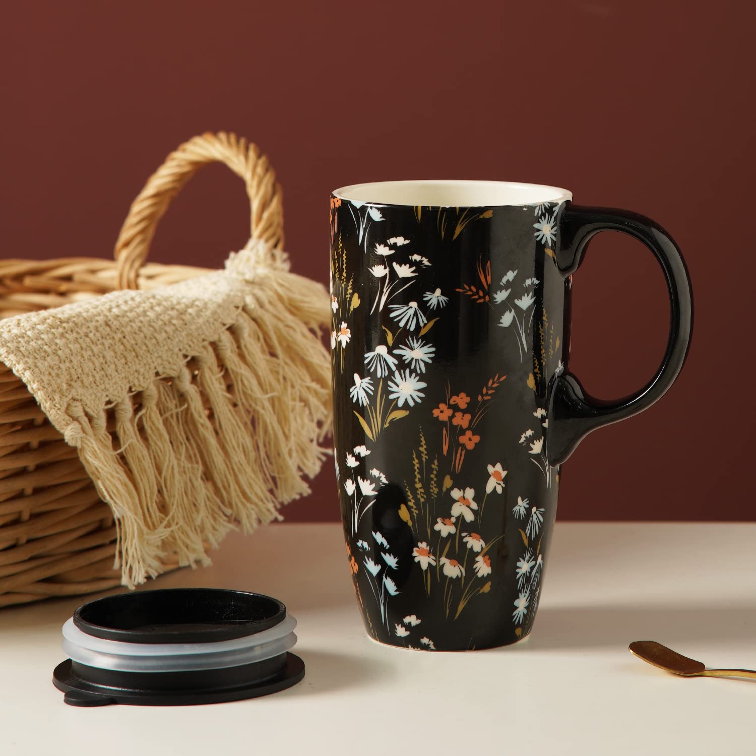 HVH Farmhouse Style Ceramic Mug Set Of 4, 17oz With Lid, Large Handl