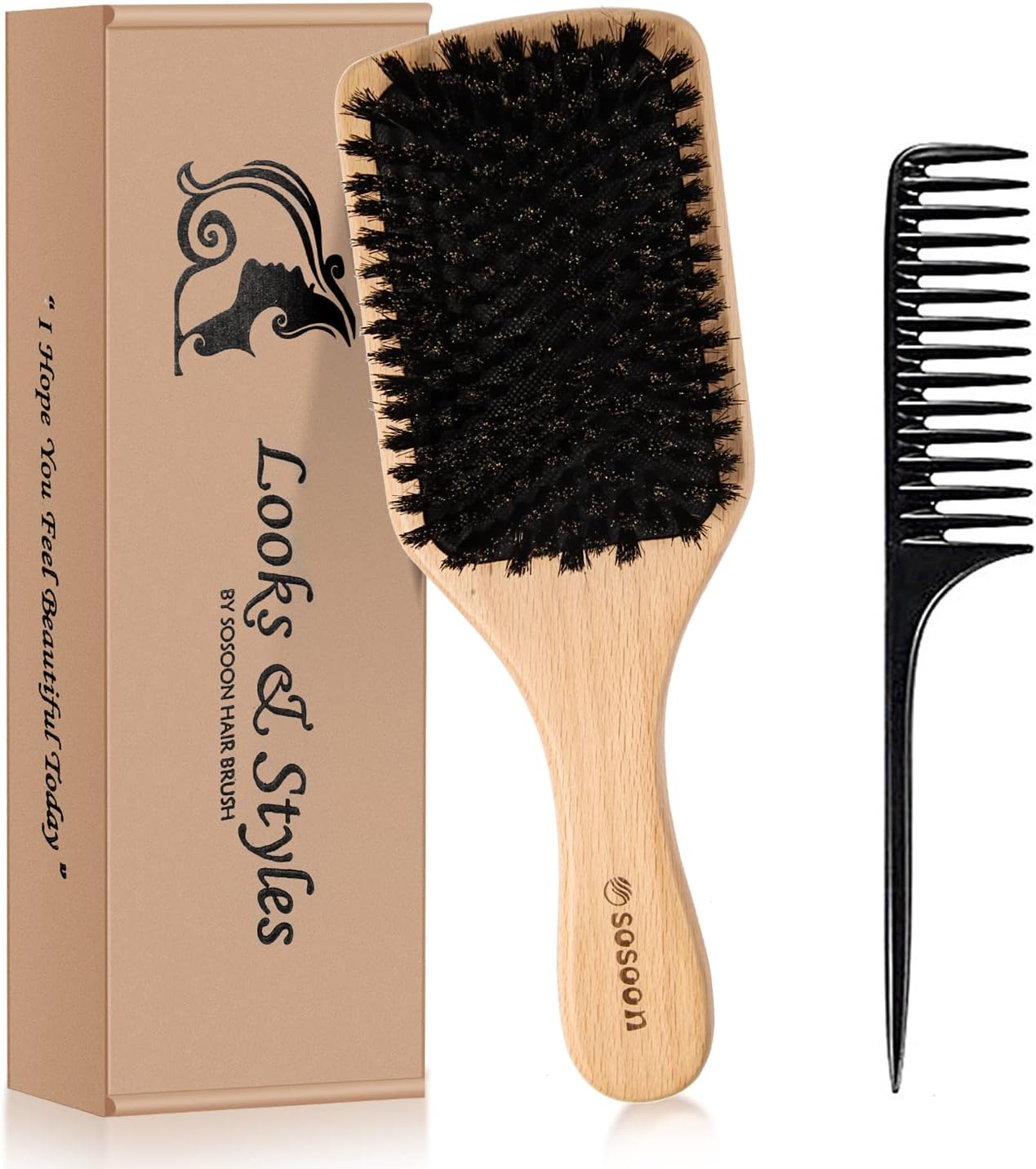 Boar Bristle Hair Brush, 100% Pure Boar Bristle Paddle Brush for Women Men Kids Thin, Fine, Long, Curly or Any Type of Hair, Restore Shine & Texture and Makes Hair Smooth & Health