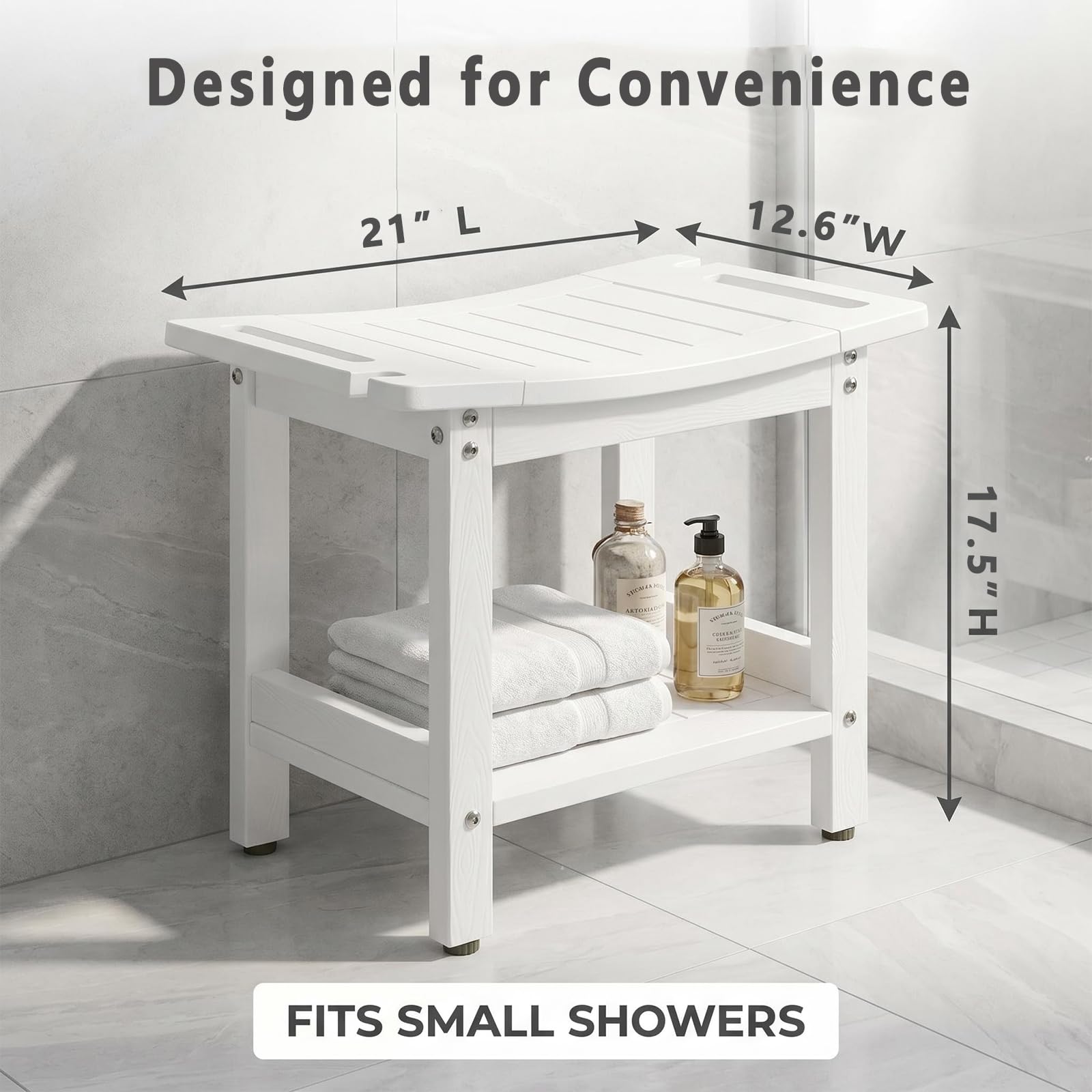 Silla de ducha impermeable con estantes de almacenamiento (blanco)