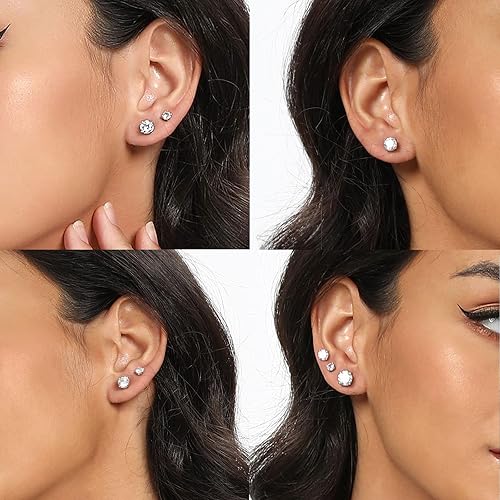 Miniatura 3 de MDFUN 5 Pairs Stud Earrings Sets 3-7MM 18K Gold Plated RoundCushionAsscherEmerald Cut Cubic Zirconia Earring Hypoallergenic Stud Earrings for Women