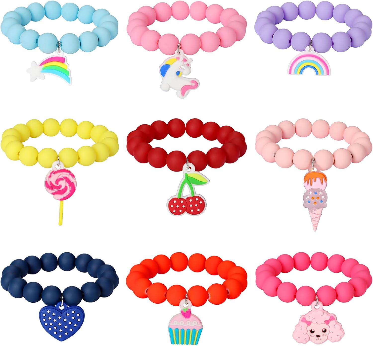 9PCS Kids Bracelets for Toddlers Girls, Colorful Rubber Charm Bracelets with Unicorn, Rainbow, Ice Cream, Heart, Little Girl party favors, Cute Friendship Gift Jewelry Set for Kids