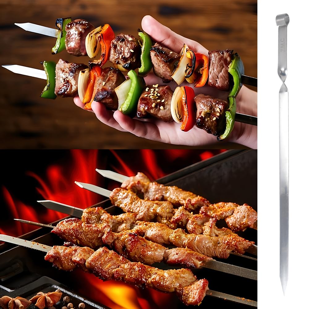ZMC 25 spiedini per barbecue Kebab da 55 cm, in acciaio inox, 2 cm di larghezza, 2 mm di spessore, spiedini per carne e kebab, antiruggine, piatti e stabili per barbecue, Adana, falò e grandi