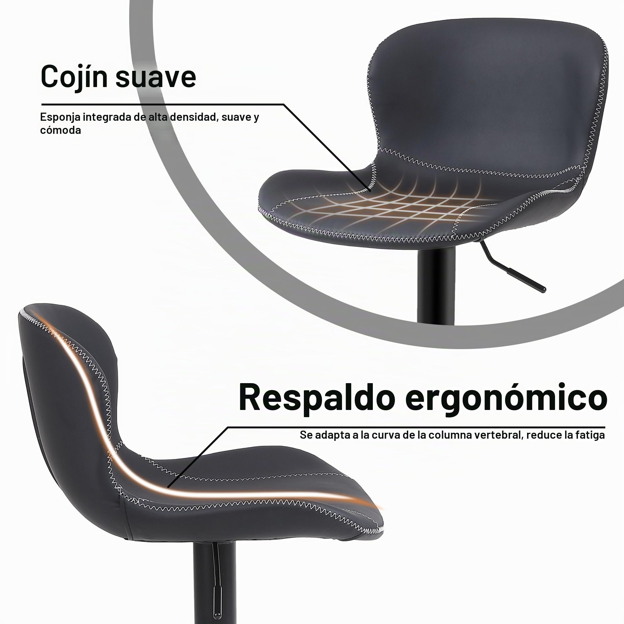 Youhauchair Taburetes Altos de Cocina Juego de 2, Taburete de Bar Regulable en Altura en Cuero PU, Taburete Alto con Respaldo y Reposapiés, Taburete Cocina Giratorio, Moderno, Negro