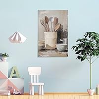 Vista 4 de Arte De Pared De Cocina De Campo, Impresiones En Lienzo Enmarcado, Utensilios De Cocina Y Alimentos, Pintura Rústica De Granja, Cocina, Comedor