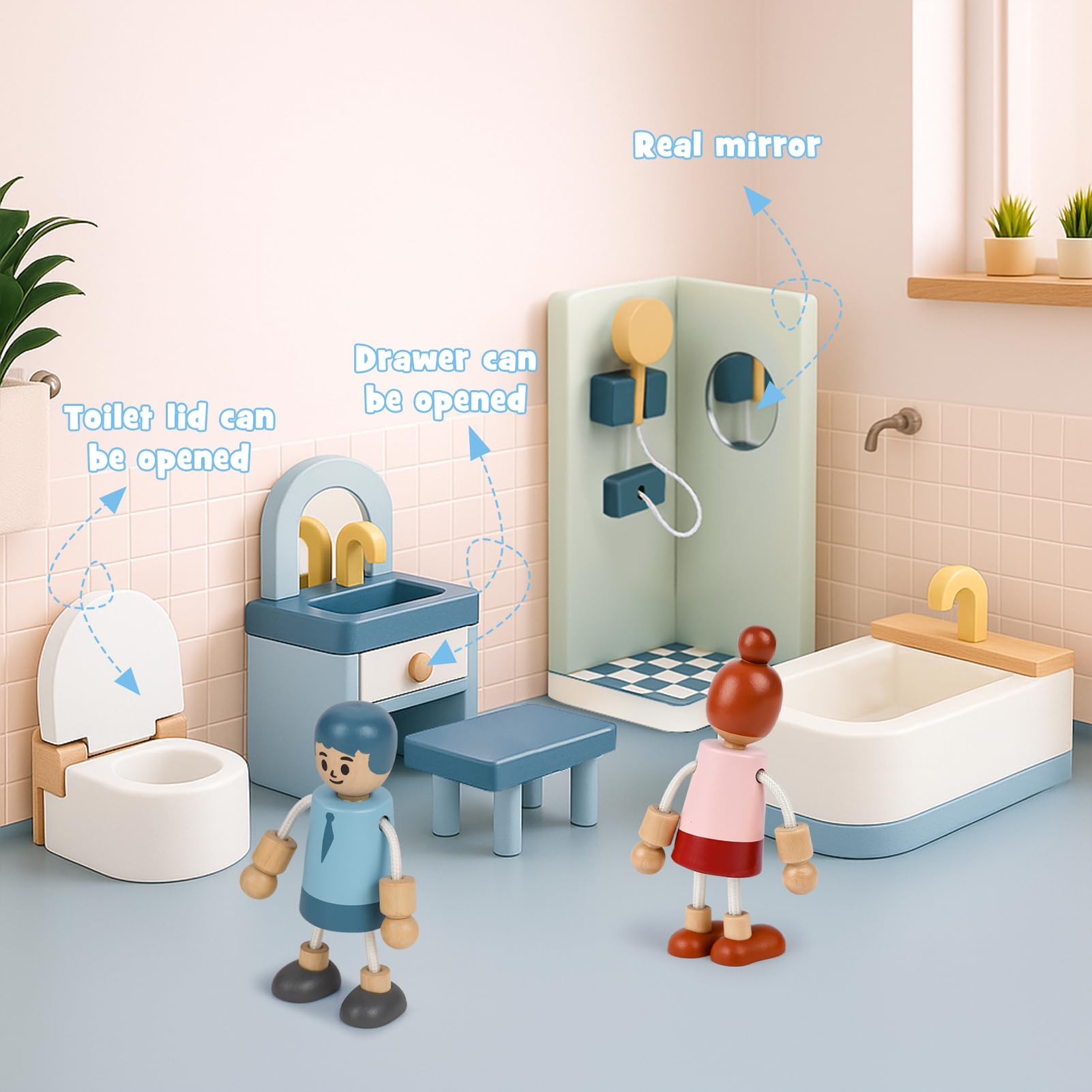 Wooden Dollhouse Furniture Set, 32 Pcs Doll House Accessories and Furniture, Miniature Furniture Including 5 Room Kits - Image 3