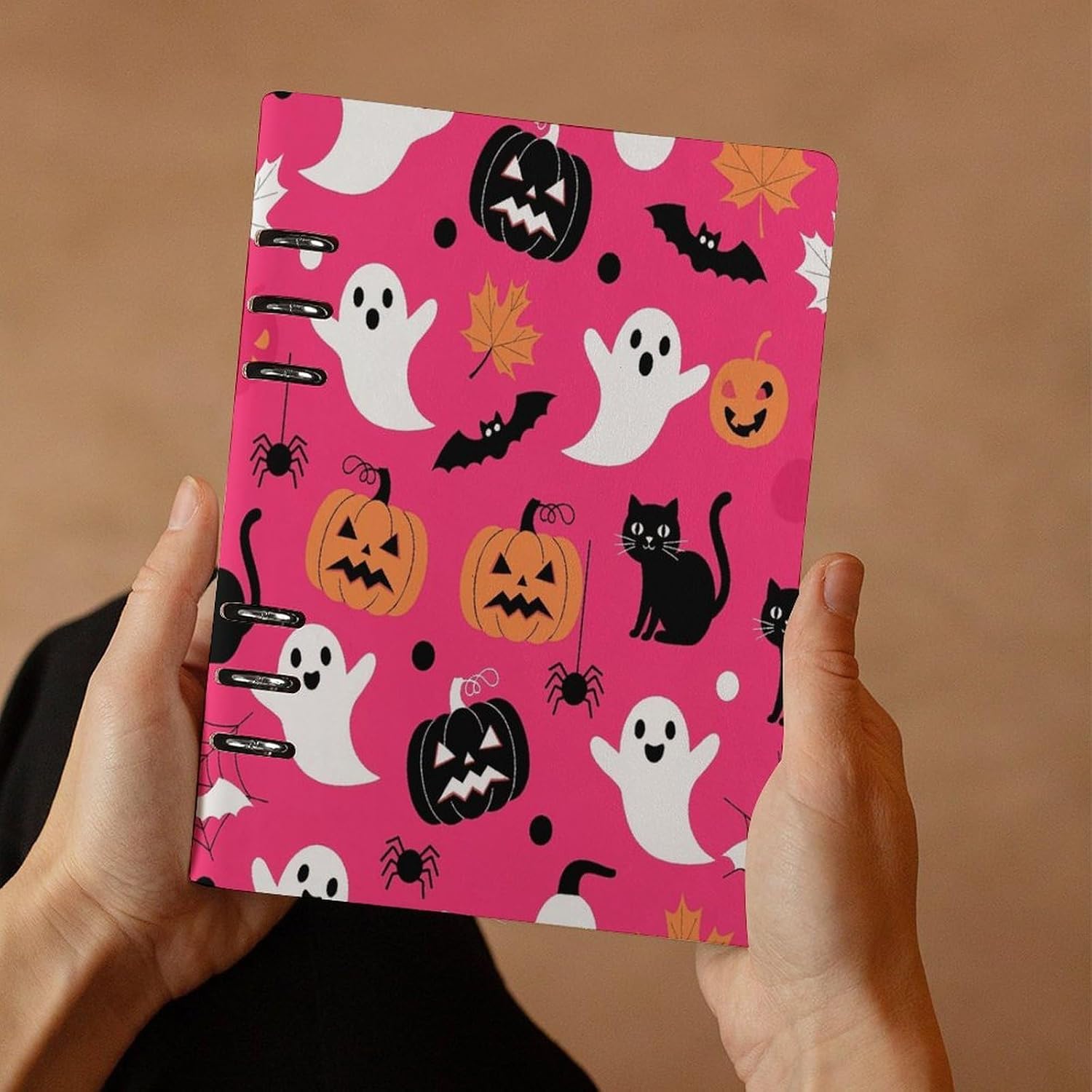 JOJOART Halloween Ghost Black Cat Journals Binder Notebook Loose Leaf 6-Ring Professional Notebook,Spiral Notebooks Refillable Journal Notebook,90 Sheets for Office Travel Planner