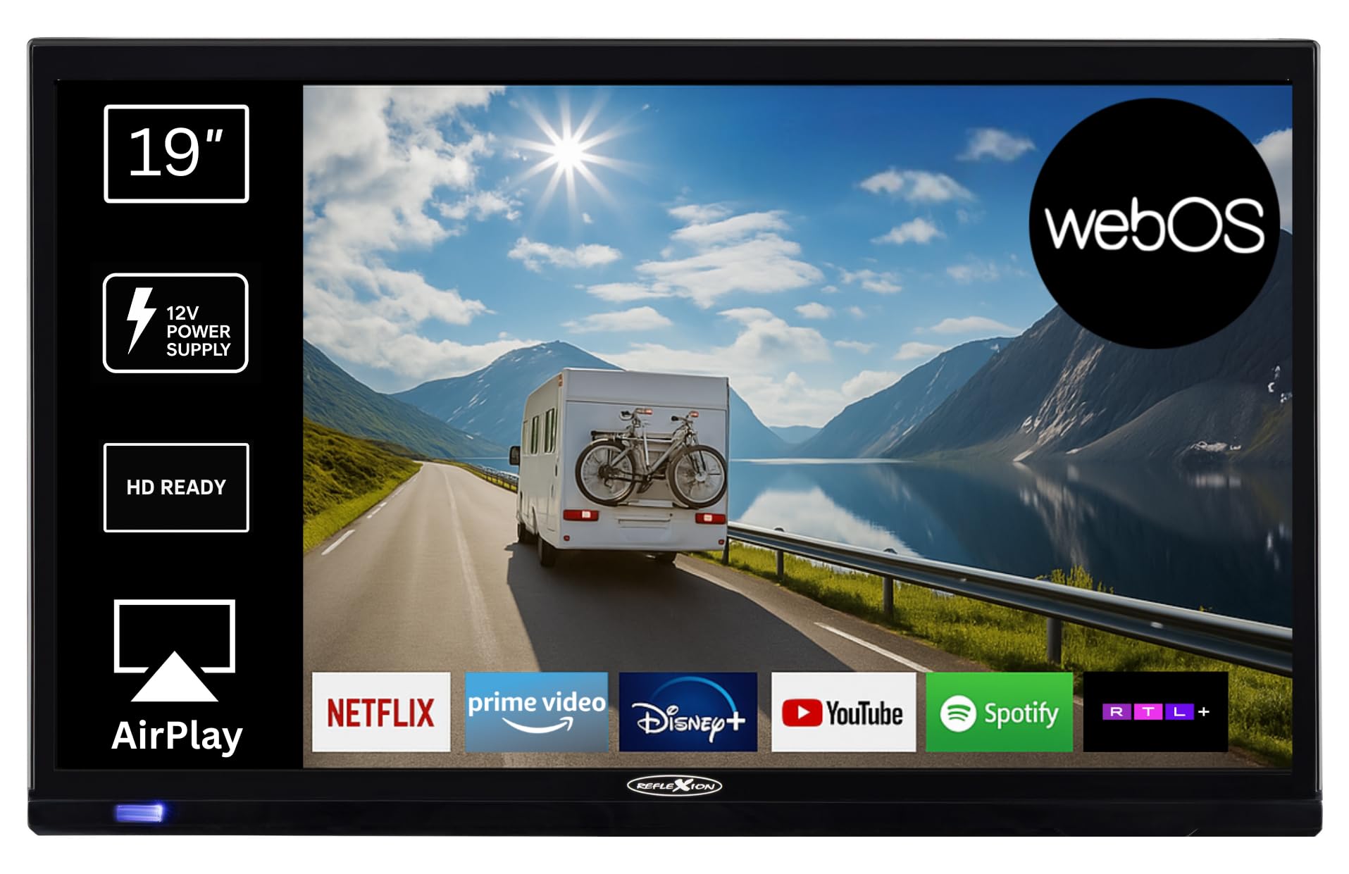 Reflexion LED19iBT 19 Zoll Smart TV (HD Ready, DVB-T2/S2/C, HDMI, CI+, Bluetooth, WLAN, 12V/230V) – Leichter Camping Fernseher für Wohnwagen, Wohnmobil, Caravan, Boot & LKW mit VESA 100x100