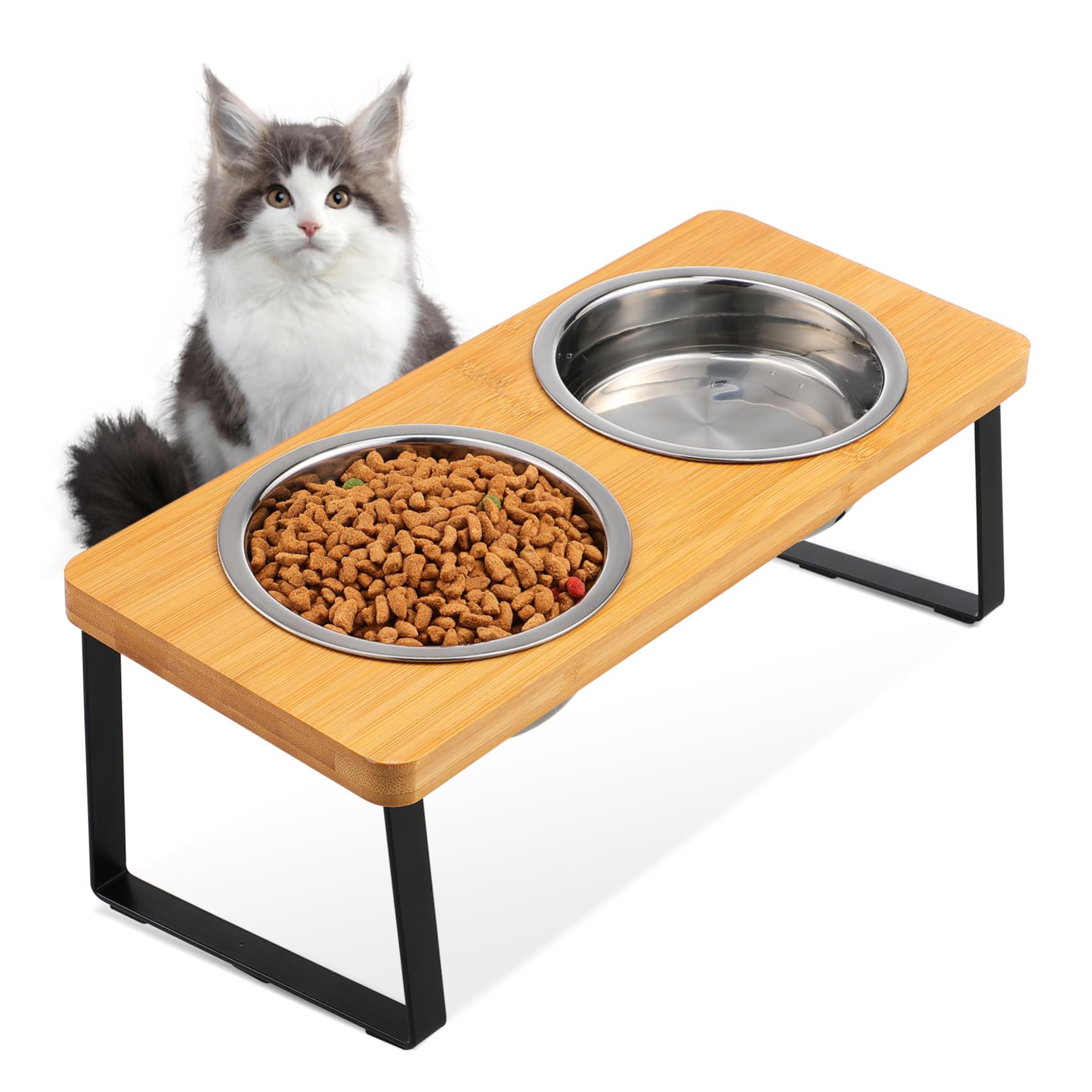 Ciotole per Gatti Rialzate con Doppie Ciotole in Acciaio Inox | Supporto con Base Antiscivolo, per Uso Interno, Adatto a Gatto e Cane di Piccola Taglia