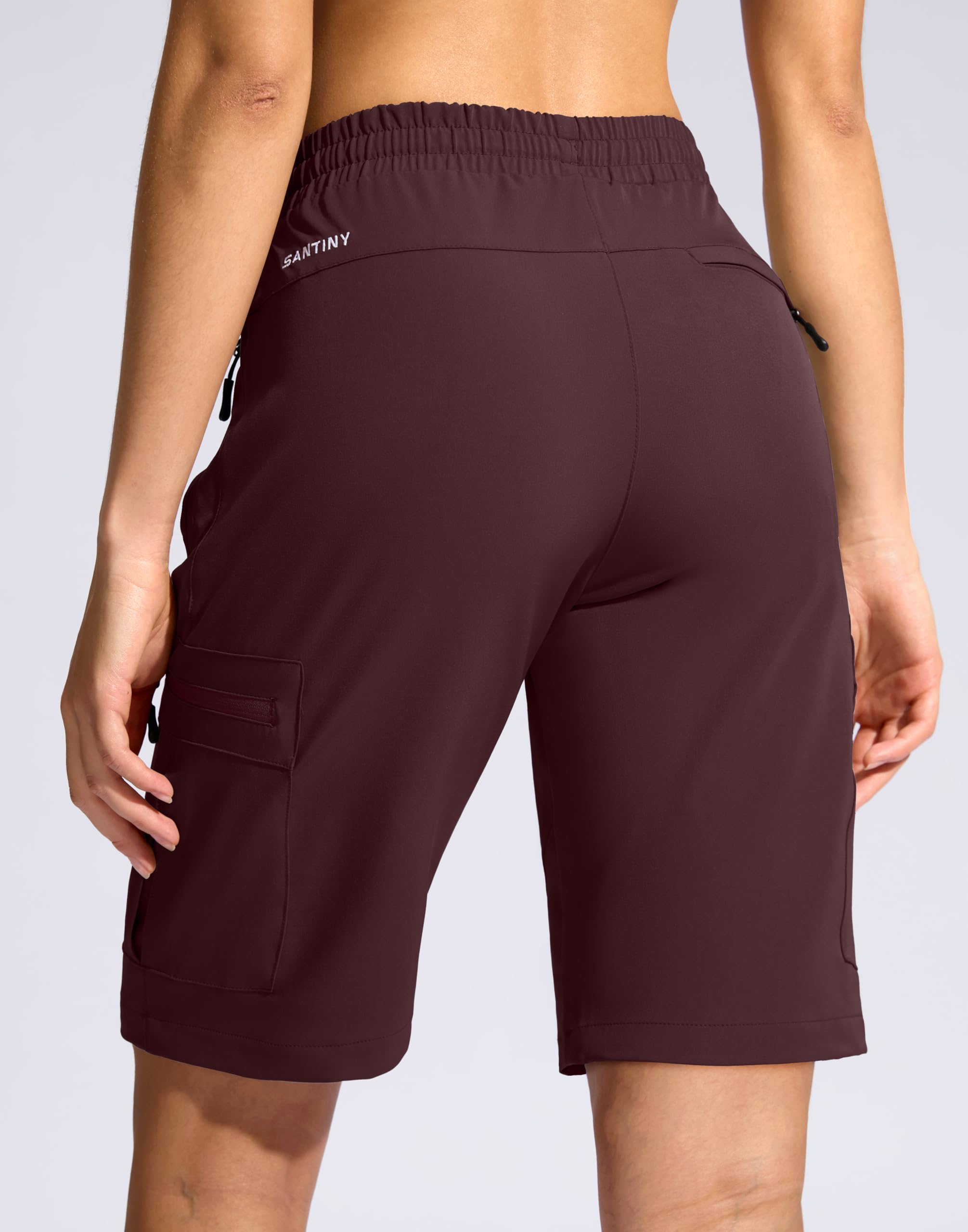 SANTINY Women's 10'' Lightweight Hiking Cargo Shorts with 5 Zipper Pockets Quick Dry Summer Long Travel Golf Shorts for Women (Wine_L)
