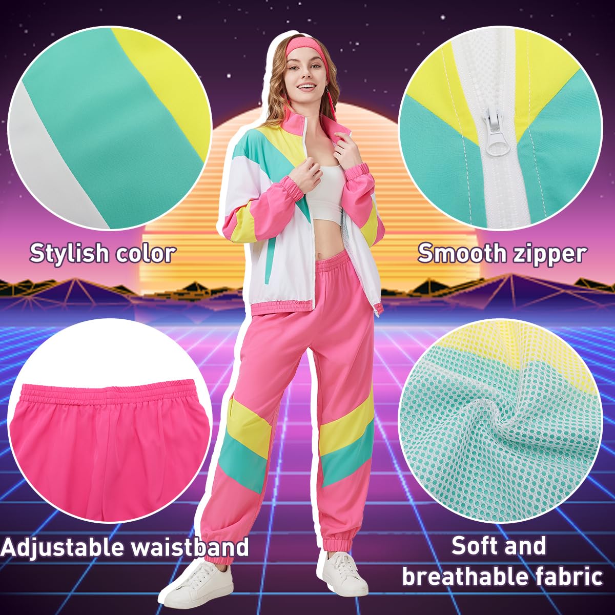 Déguisement 80 90 Année Femme 80s 90s Survêtement Rétro Tenue 80 90 Annee Costume Accessories pour Carnaval Halloween