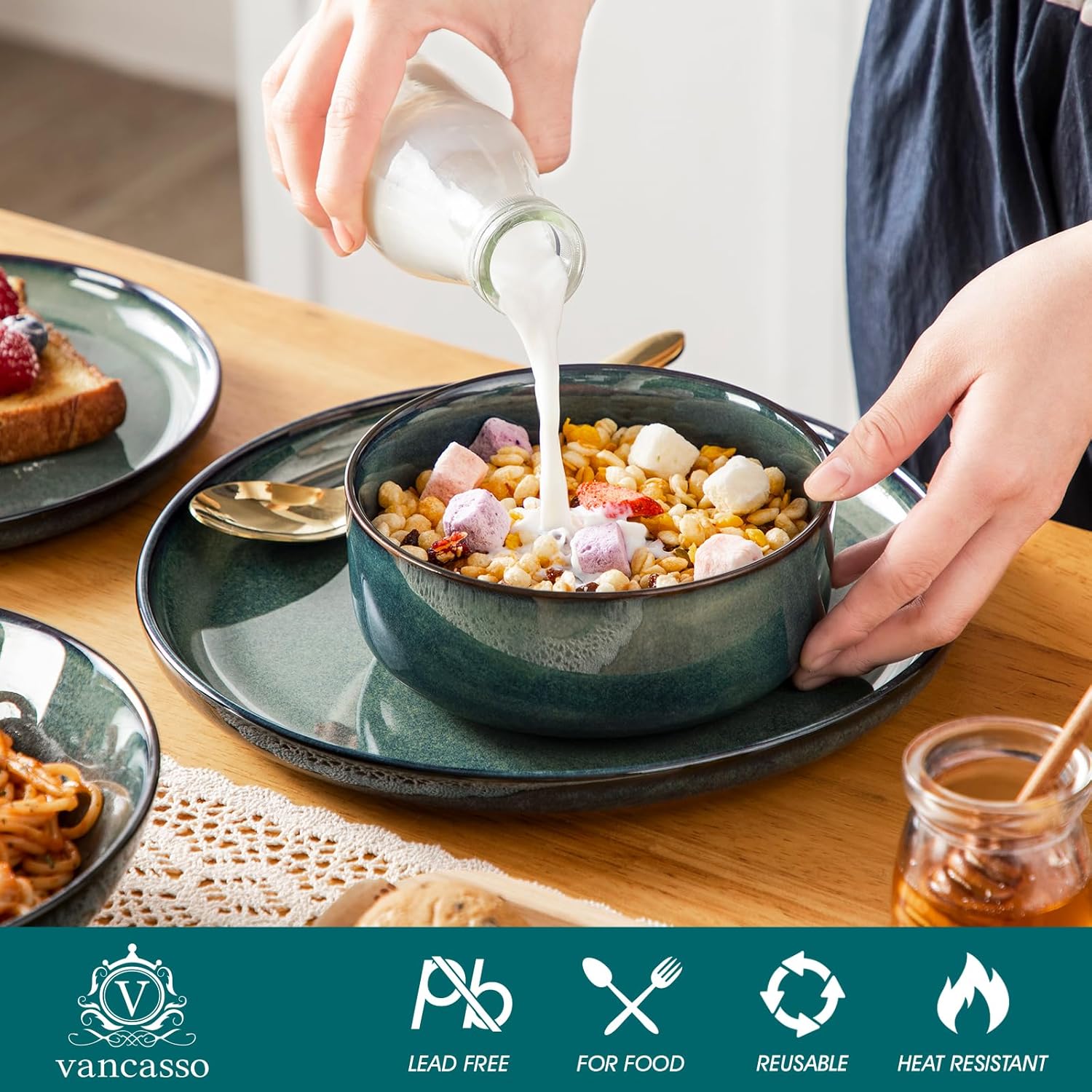 vancasso Starry Plates and Bowls Sets for 6, 24 Pieces Dinnerware Sets, Green Reactive Glaze Dishes Sets for Kitchen, Scratch Resistant Stoneware Dishes Set, Dishwasher and Microwave Safe - Image 3