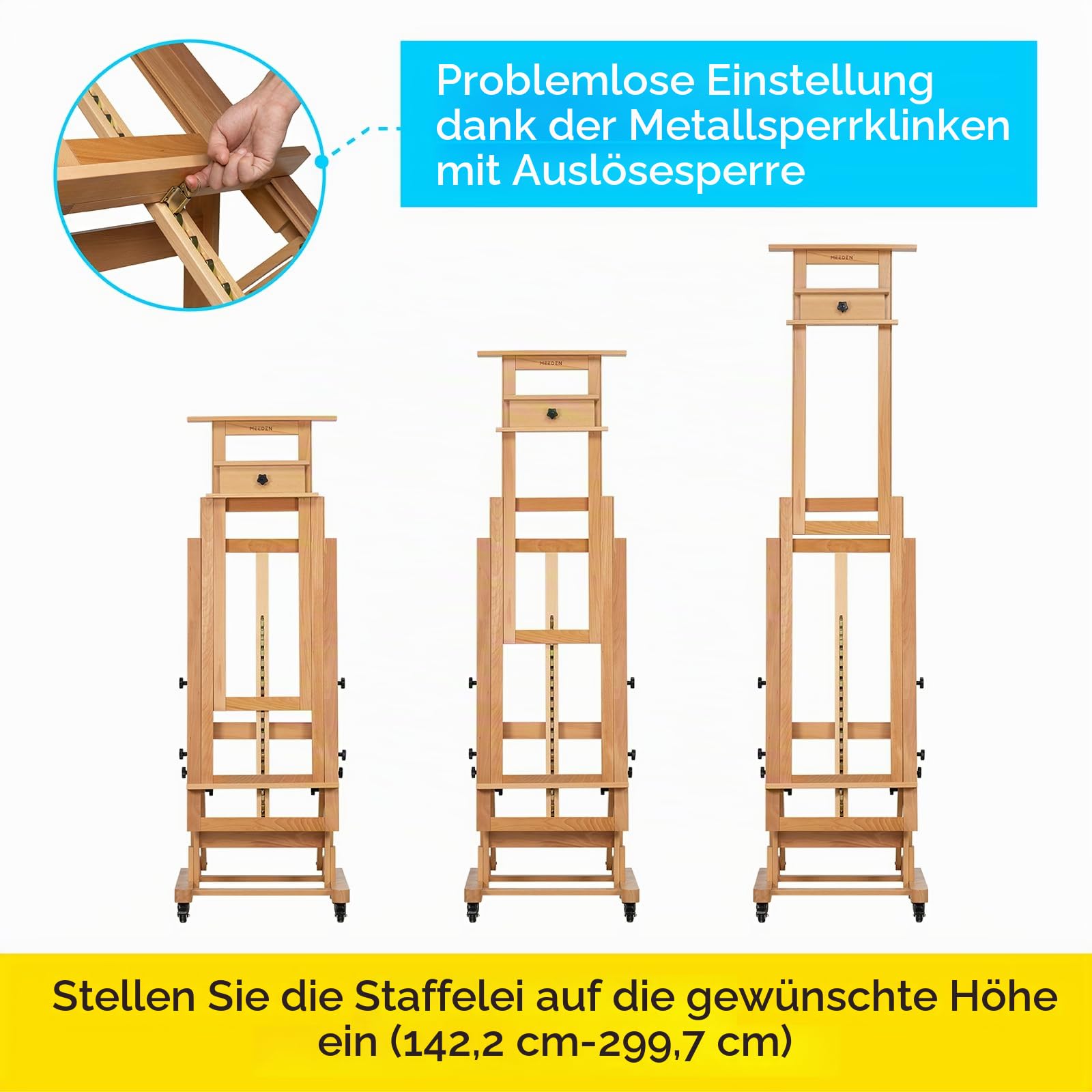 MEEDEN Extra große Profi-Staffelei, Bewegliche Künstler Staffelei aus massivem Buchenholz, schwerlast verstellbare Atelierstaffelei H-Rahmen, Neigbar Malstaffelei hält Leinwände bis zu 200 cm