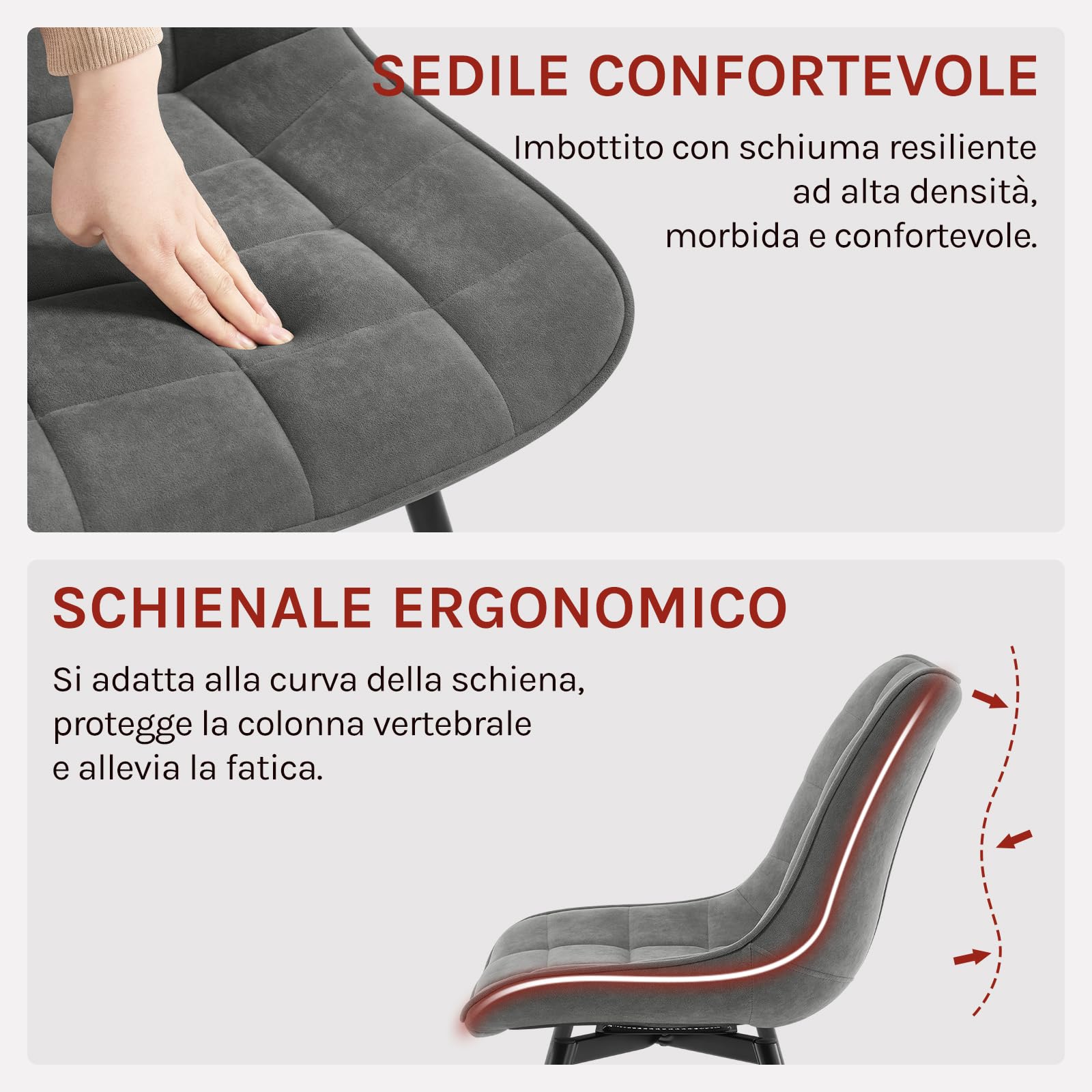 WOLTU Sedie da Pranzo Girevole Set di 4, Sedie da Cucina, con Sedile Imbottito, Schienale Alto, Gambe in Metallo, Tessuto in Velluto, Grigio Scuro