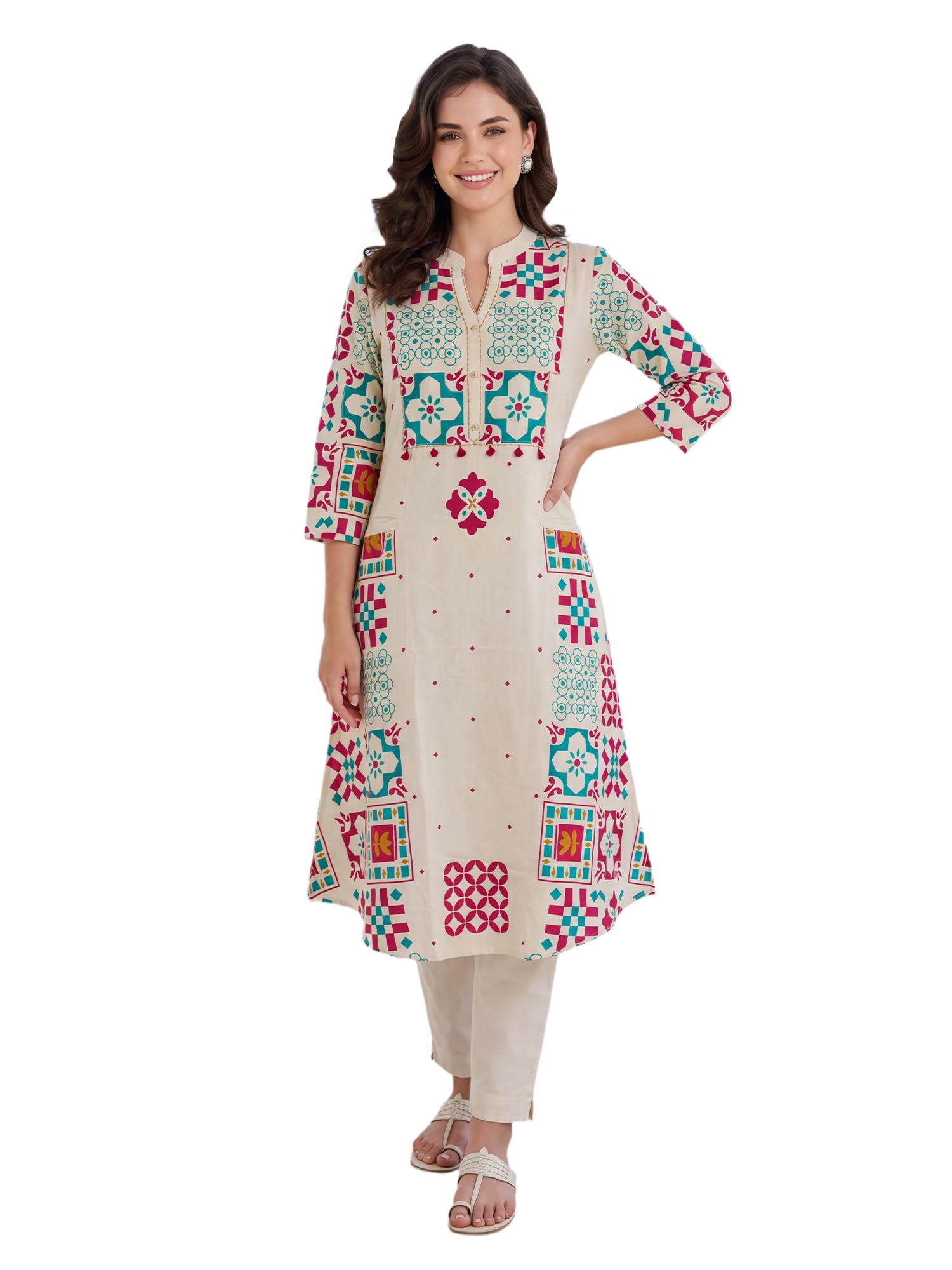 indo era Women's Cotton Blend Geometric Printed Thread Work Kurta & Pant Set-picture-32