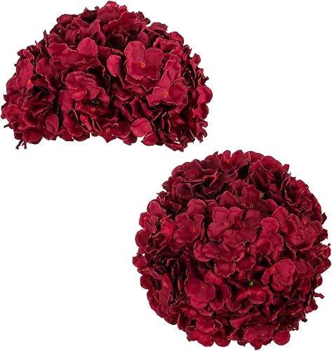 BLOSMON Centros de mesa de bolas de flores de hortensias 2 piezas de flores falsas de color burdeos, bolas de flores de seda artificial, hortensias