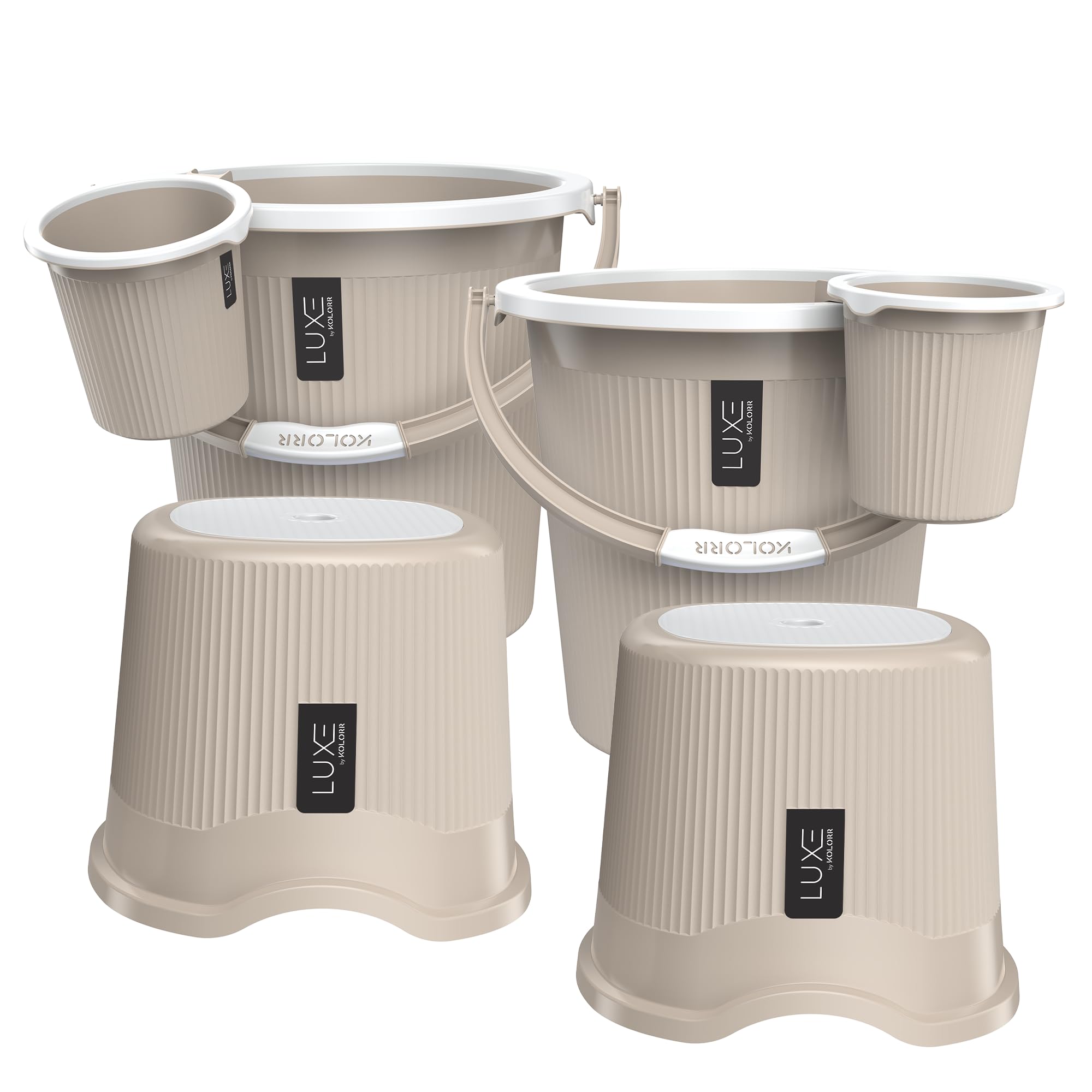 KOLORR Luxe Bathroom Set (Bucket 20L x 2) + (Mug 1.5L x 2) + (Luxe Patla x 2)|Sturdy and Durable |Lightweight| Easy to Clean and Attractive Design|Pack of 6| Sand Stone-image-24