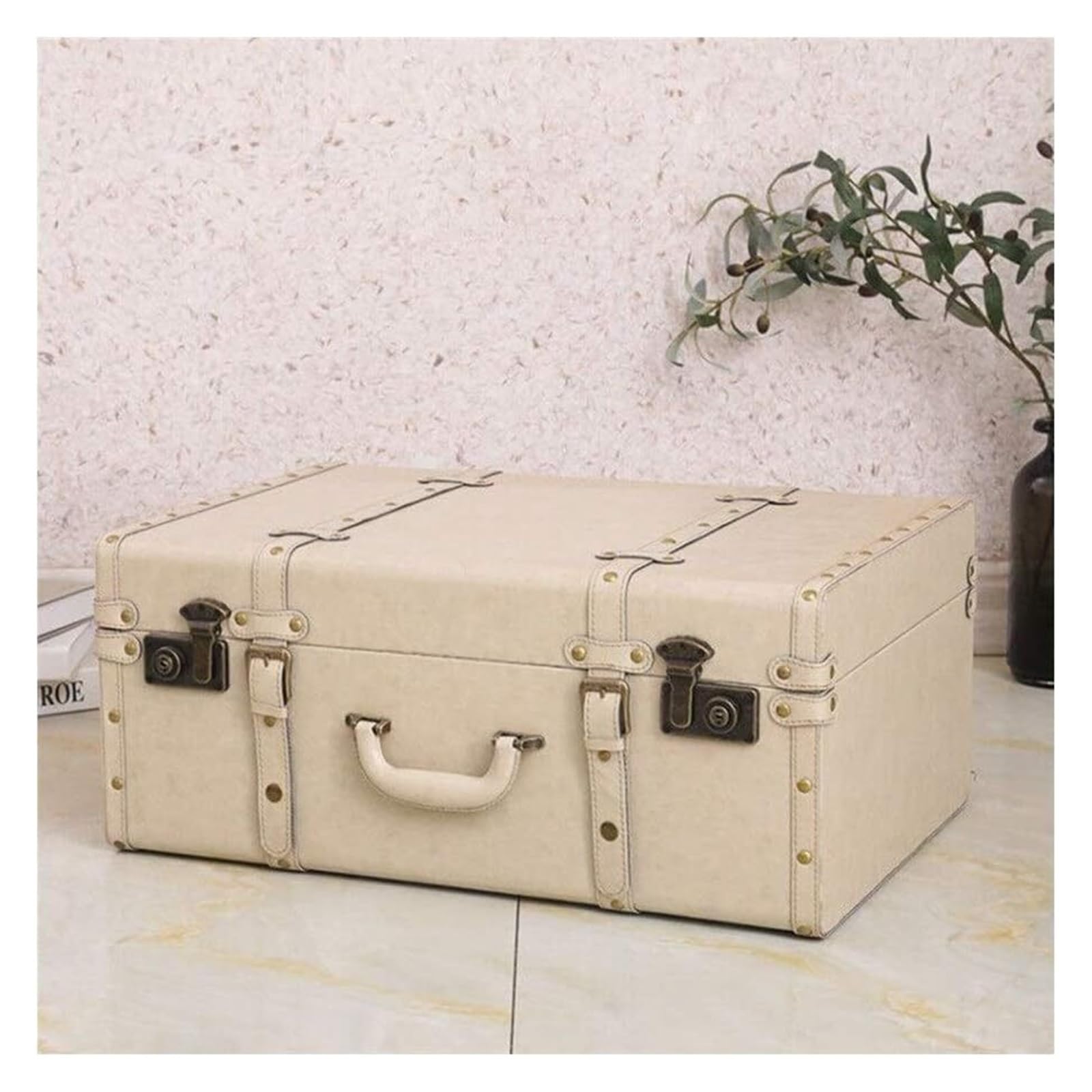 Drewniany bagażnik w stylu vintage, pudełko do przechowywania rekwizytów fotograficznych i dekoracji domu, 3 style (biały, 48 x 28 x 16 cm) - antyczny bagaż podróżny