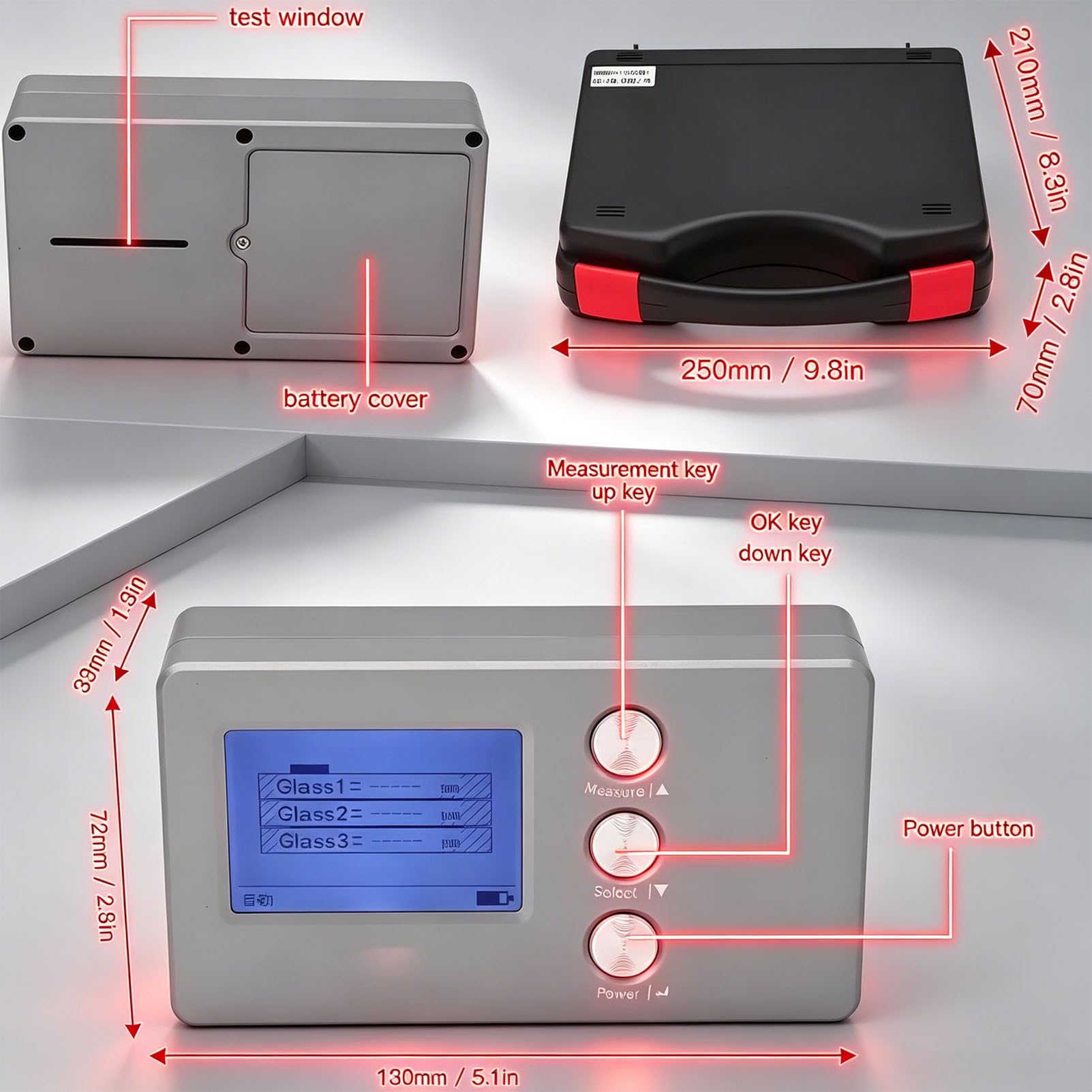 Medidor de grosor de vidrio, herramienta de medición de grosor de vidrio aislante LCD, precisión ± 0,1 mm, rango de 70 mm para vidrio, diseño compacto y portátil