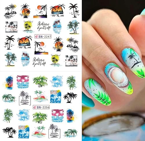 Miniatura 4 de Calcomanías de verano para uñas, calcomanías de transferencia de agua, calcomanías de uñas para arte de uñas, árbol de coco de verano, estilo