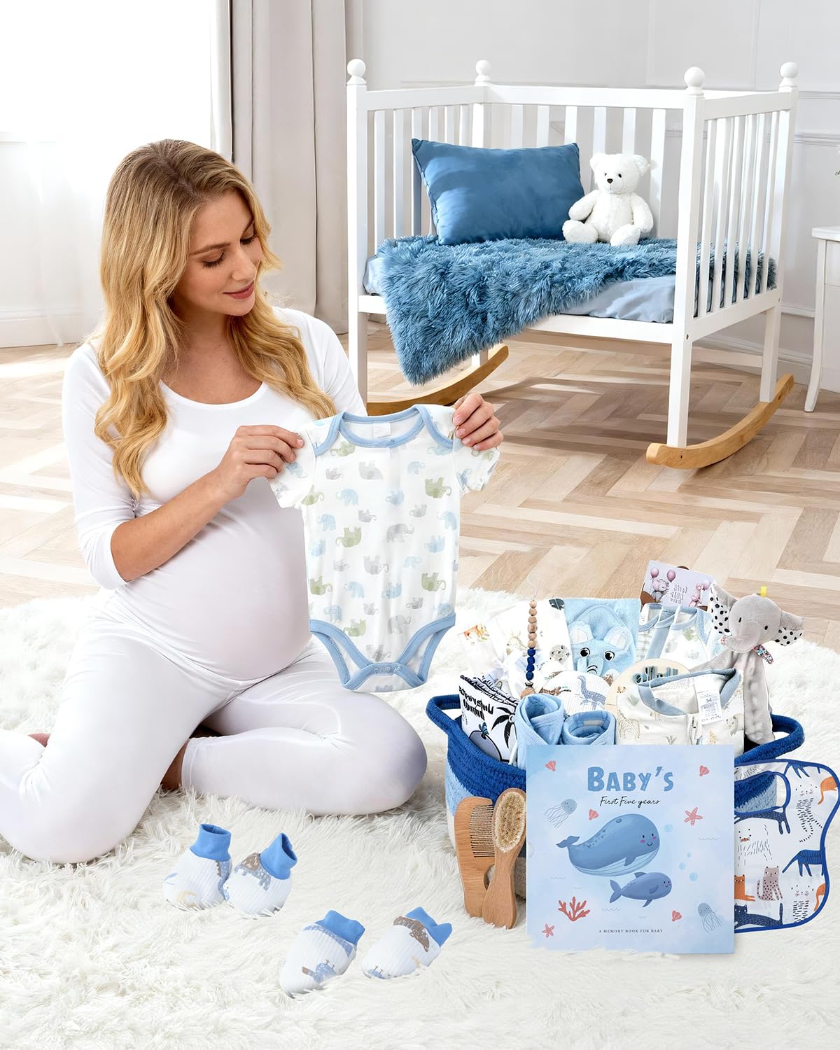 25-Pcs Luxury Baby Boy Gift Basket Set, Blue (0-12M Newborn) | Premium Baby Shower Gifts with Keepsake Memory Book. Ultimate Newborn Essentials in Woven Basket for Unforgettable Welcome Mom Gift - Image 3