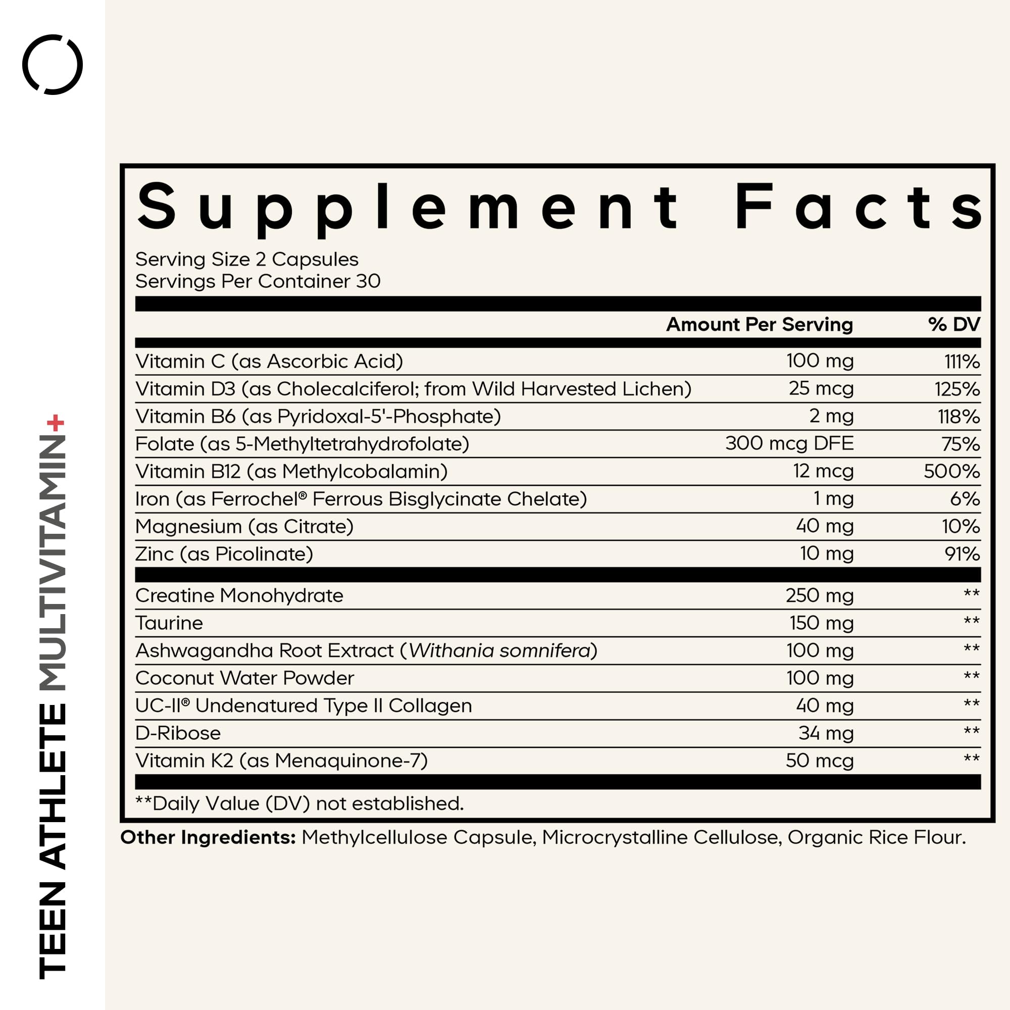 Codeage Teen Athlete Multivitamin Sports Supplement - Creatine, Methylated B Vitamins, Taurine, UC-II Collagen, Ferrochel Iron, Ashwagandha, Magnesium, Electrolytes - Non-GMO - 60 Capsules — Amazon image 2