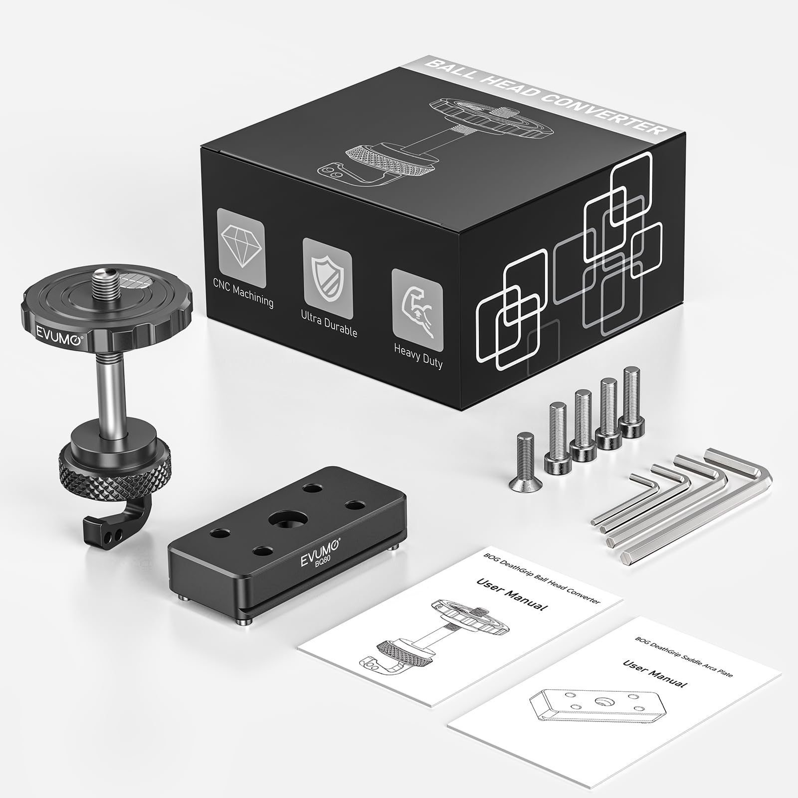 EVUMO Kugelkopf Umrüstsatz für BOG DeathGrip Stativ, ARCA Kugelkopf Konverter Adapter und Arca Swiss Sattelmontageplatte, nur kompatibel mit dem BOG DeathGrip Stativ