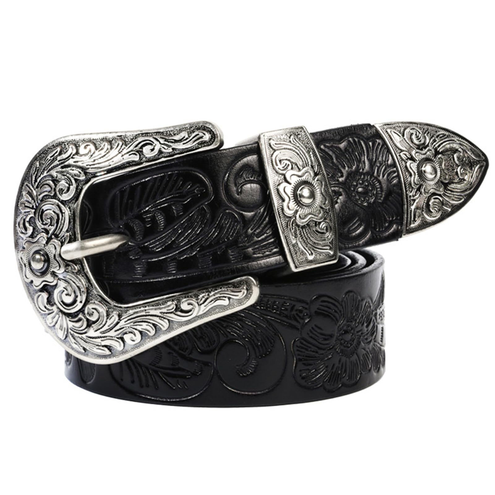 Uomo Donna Cintura in Pelle Vintage in Rilievo con Incisione Floreale Occidentale Fibbia d'Argento Cowgirl Country Cinghia in Vita(105cm/41, Black)
