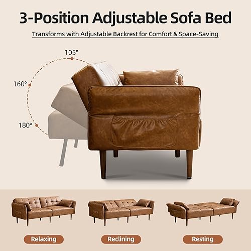 Miniatura 4 de Sofá cama futón de 85 pulgadas, sofá cama, sofá pequeño con reposabrazos ajustables de almacenamiento, sofá biplaza de piel sintética, sofás
