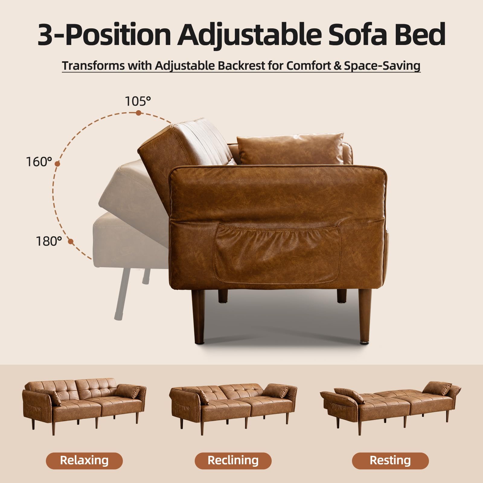 HALLYBEE 85" Futon Faux Leather Couch with Adjustable Armrests Brown | Futon Sofa Bed, Sleeper Sofa, Small Couch with Pillows, Side Pockets, Mid Century Modern, Living Room, Bedroom, Apartment