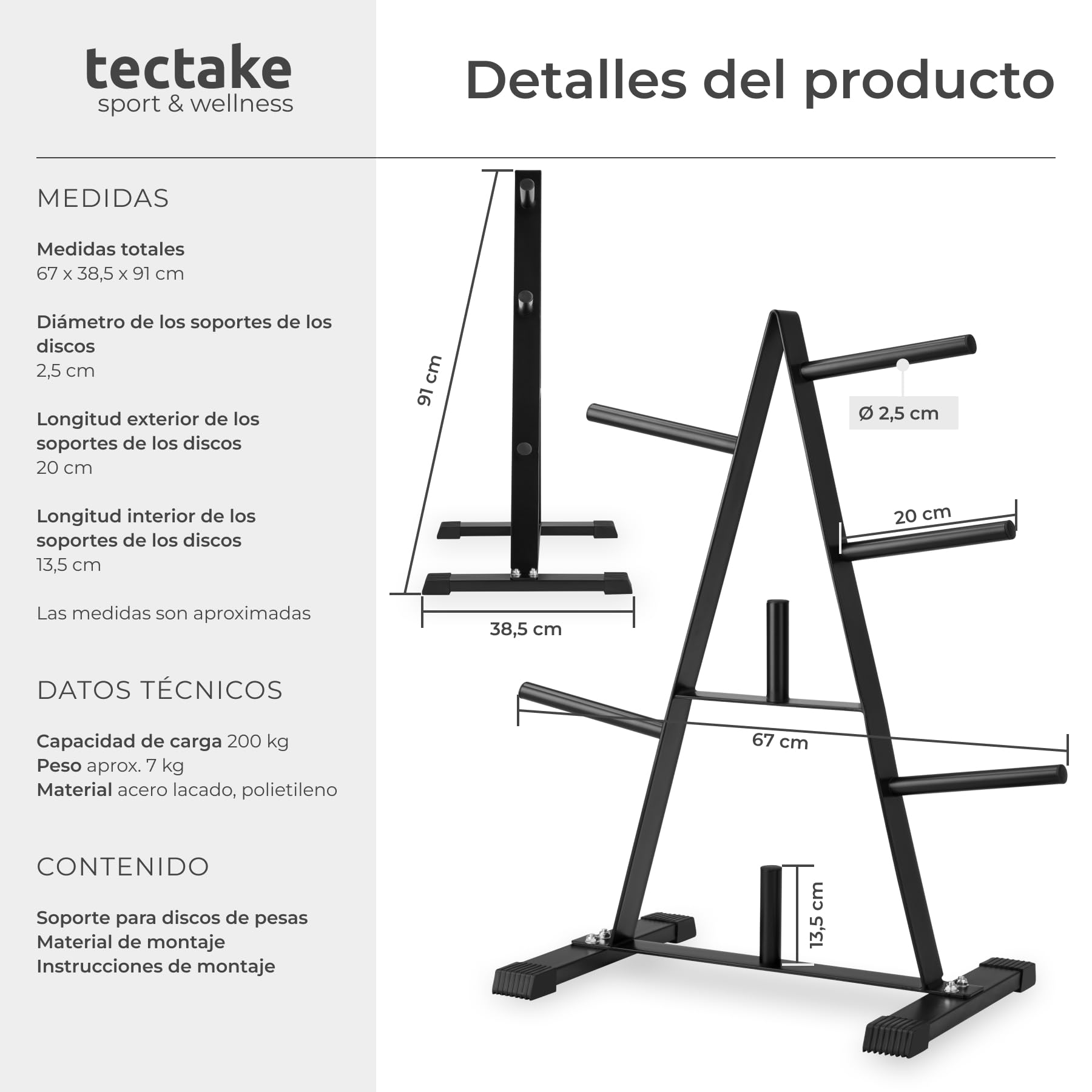 tectake® Soporte Pesas con 7 Barras para Discos de 25 mm, Capacidad de Carga 200 kg, Soporte Barra Musculacion, Organizador Gimnasio, para Complementar tu Rack Musculación, Mueble Pesas - Negro