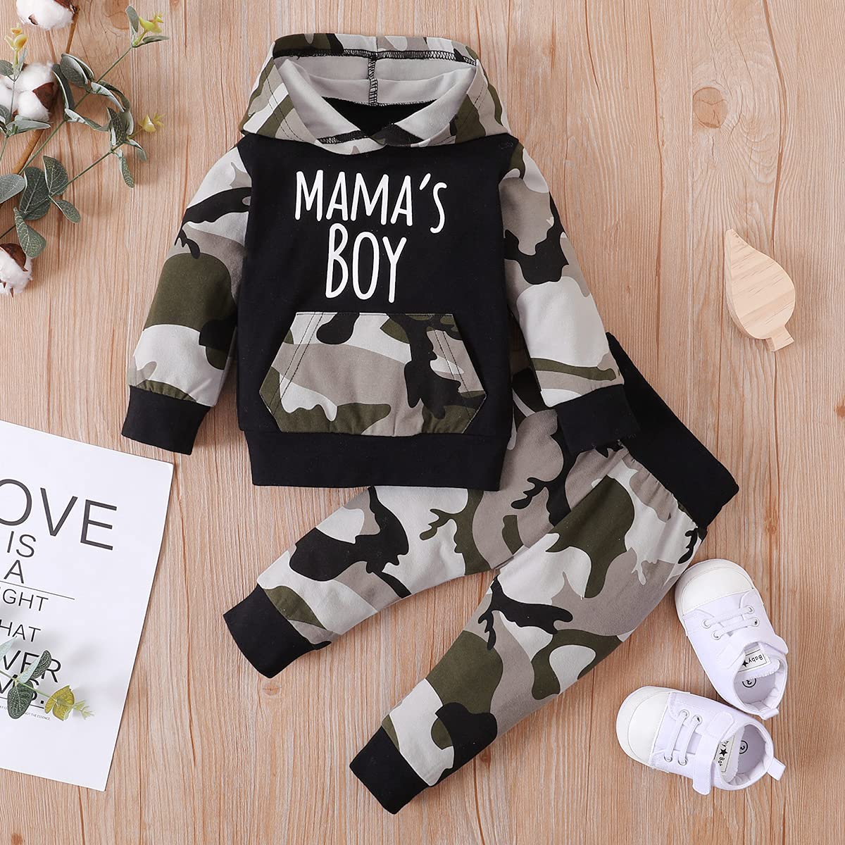 Verve Jelly Toddler Kids Boys Baby Girls Odzież z długim rękawem Mama's Boy Girl bluza z kapturem Bluza Top + spodnie kamuflażowe Sweatsuit zestaw jesiennych strojów