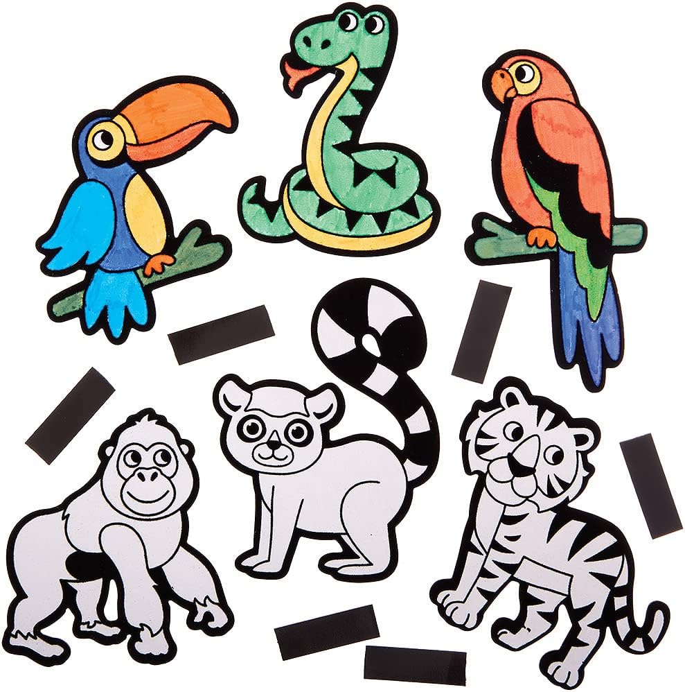 Baker Ross FX557 Rainforest Animals Fluffy Art Colouring Magnets Toys - Pack of 30, Fluffy Art Colouring Pages for Kids