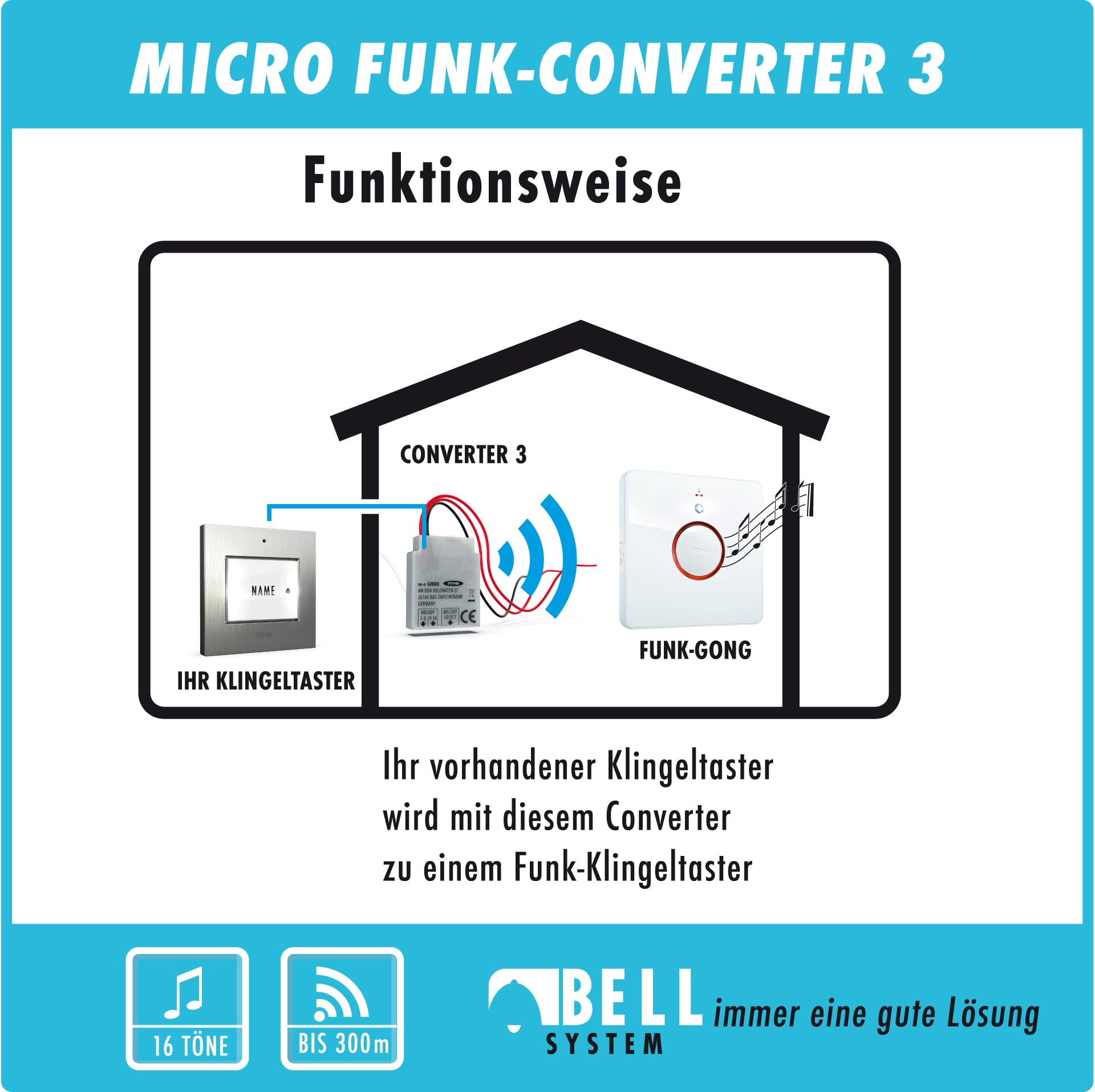 m-e Bell 55621 Funk Klingel Weiterleitung, Einbau in Klingelleitung oder Gehäuse Türklingel Erweiterung auf batteriebetriebenen Funkempfänger