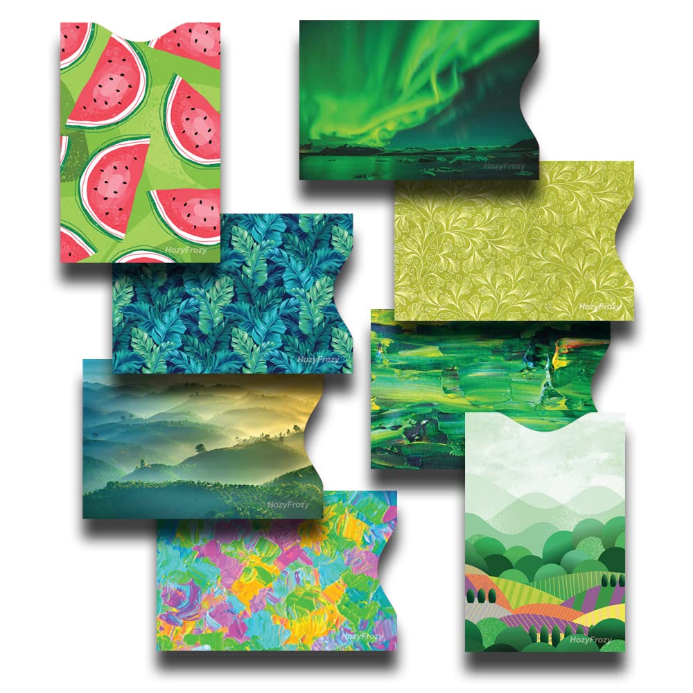 HozyFrozy8 RFID Blocking Sleeves, Unique Designs and Arts in Green, Anti-Theft Credit Card Holder, Credit Card Protector, Easy to Recognize, Sturdy and Perfect size for cards