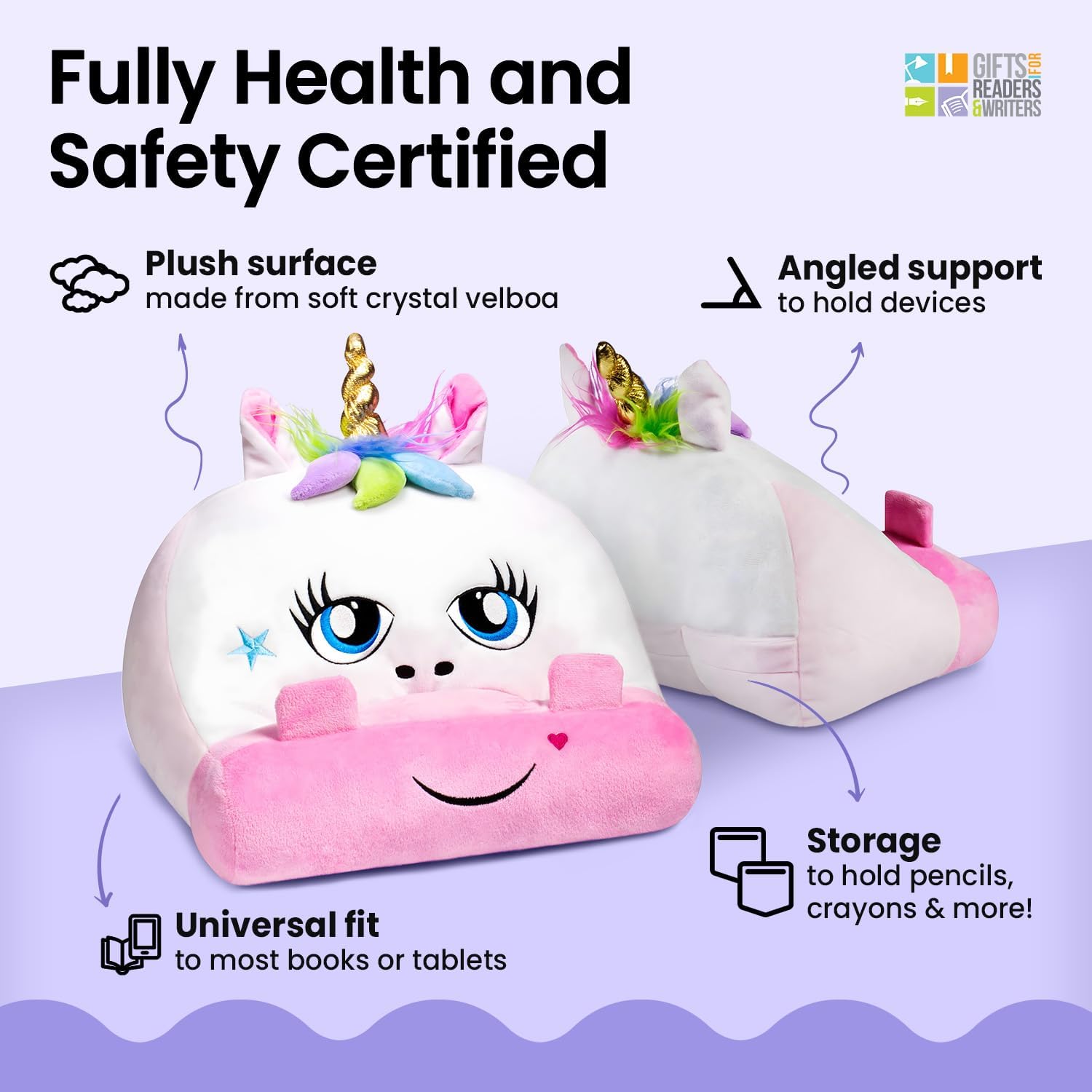 Gifts for Readers & Writers Tablet & Book Stand for Kids, Soft Reading Pillow, Book Holder with Pockets for Storage, Suitable for eReader/iPad/Kindle or Galaxy Devices, Cuddly Reader Unicorn